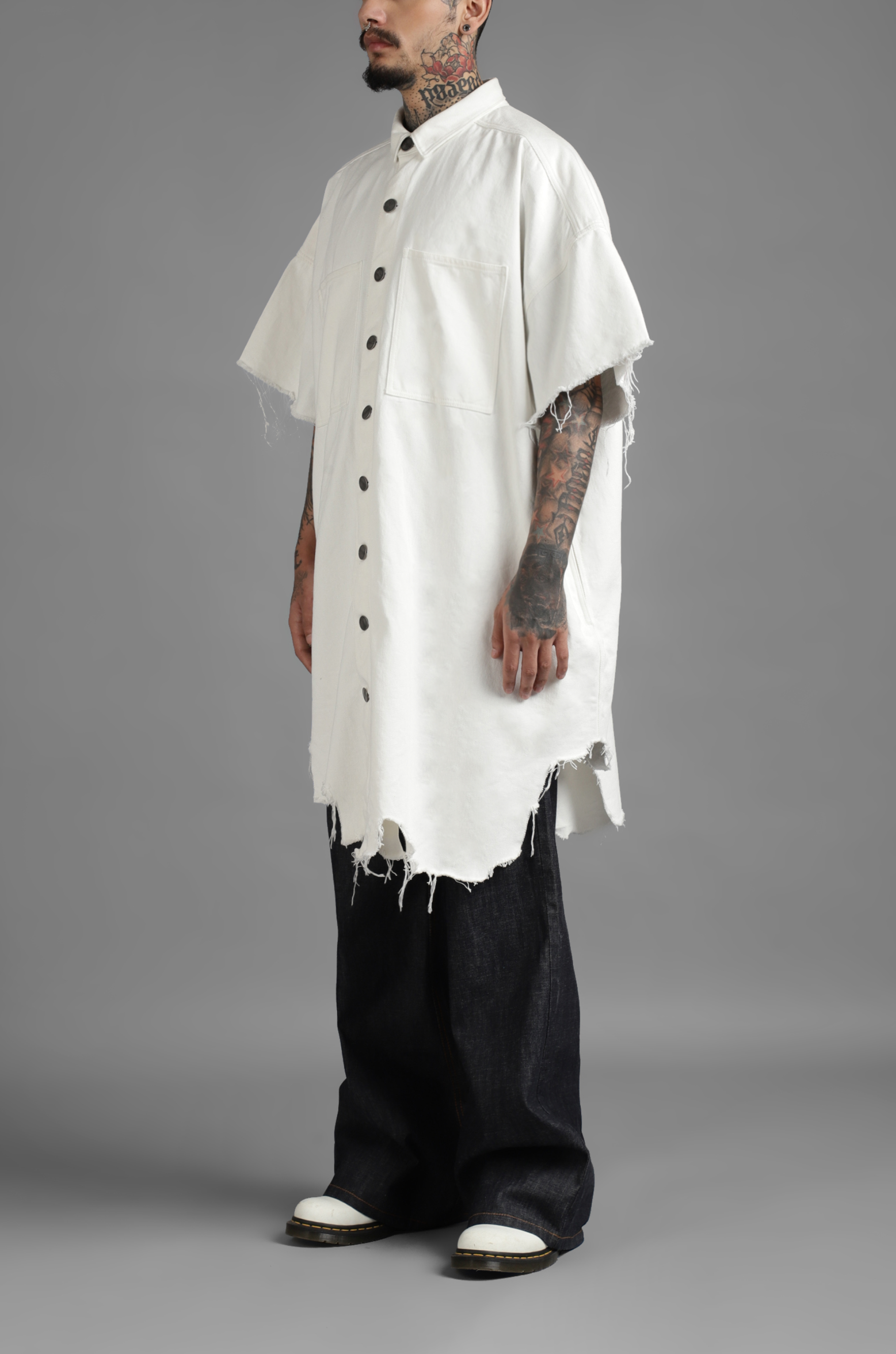 SuperHUEMN Denim Oversized Asymmetric Longline Shirt (White)