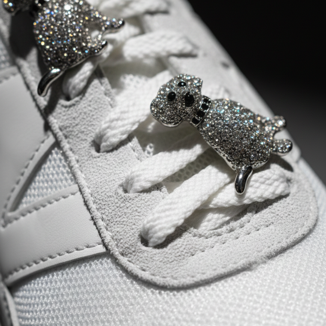 Crystal dog charm clipped to Nike Air Force 1 — KNOTTY sneaker accessories India