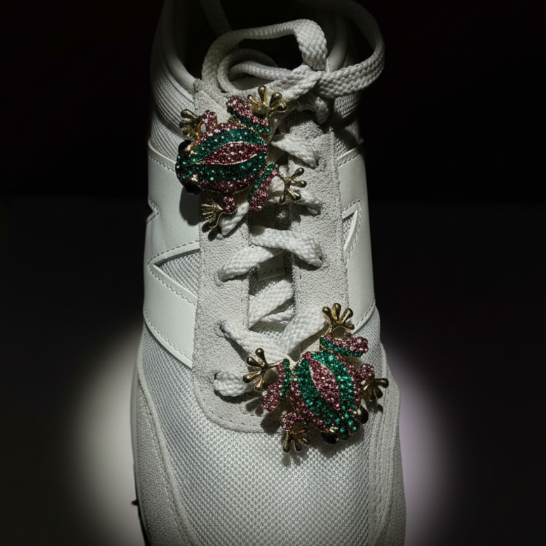 Green crystal frog charm on white sneaker eyelet — KNOTTY sneaker accessories India