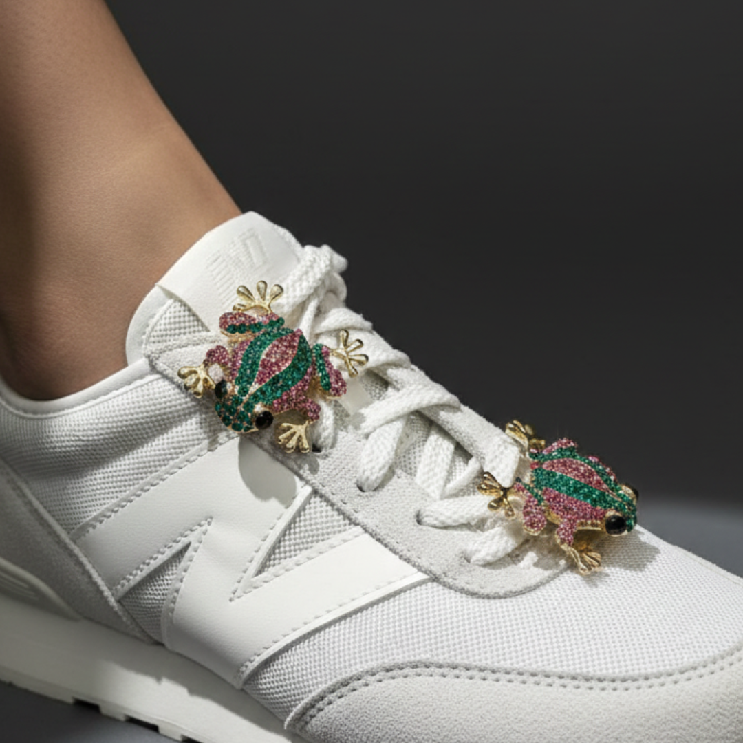 Green crystal frog charm on white sneaker eyelet — KNOTTY sneaker accessories India