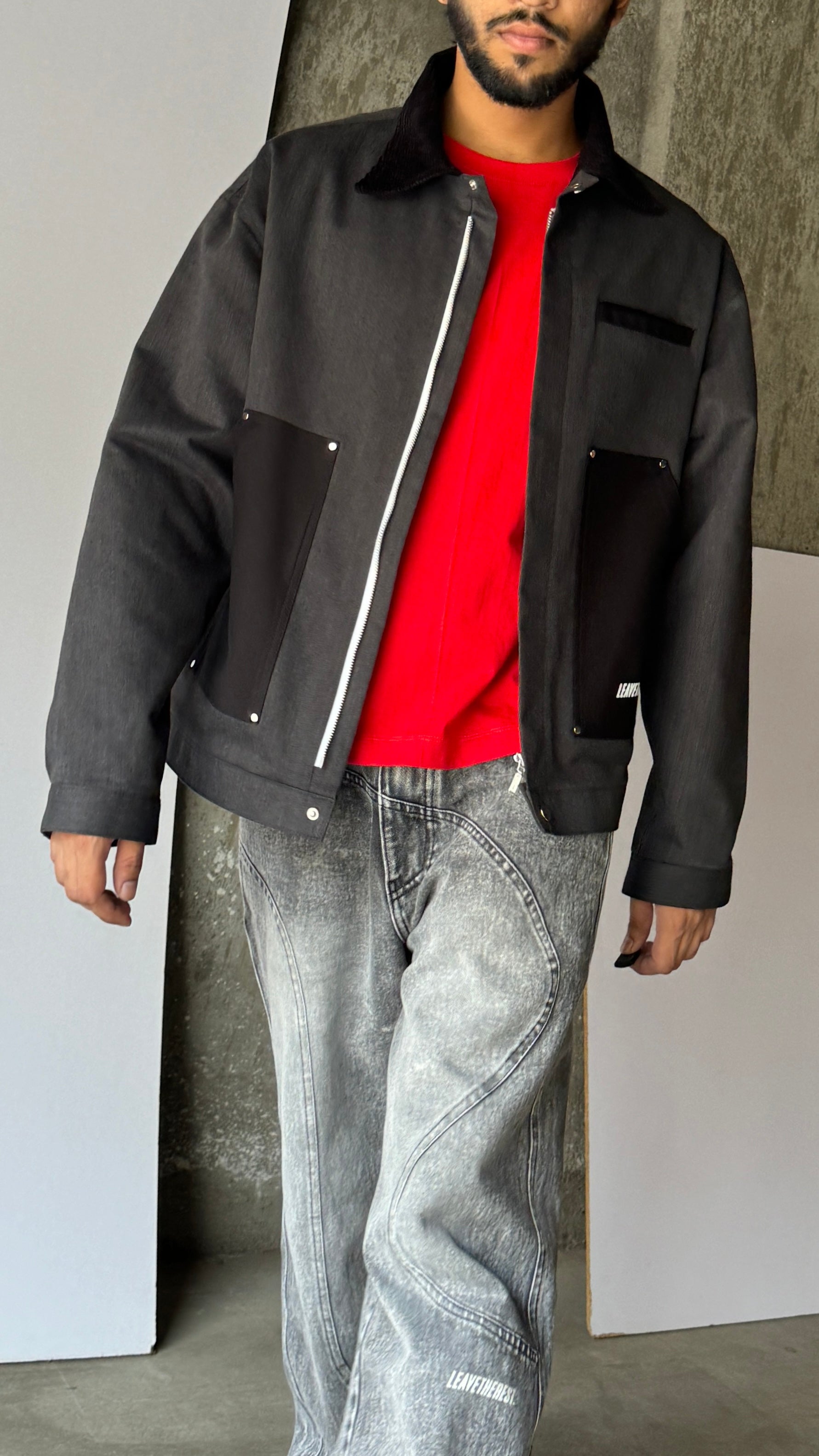 Lil denim jean jacket.(grey slub)+ Black Pockets - MTM