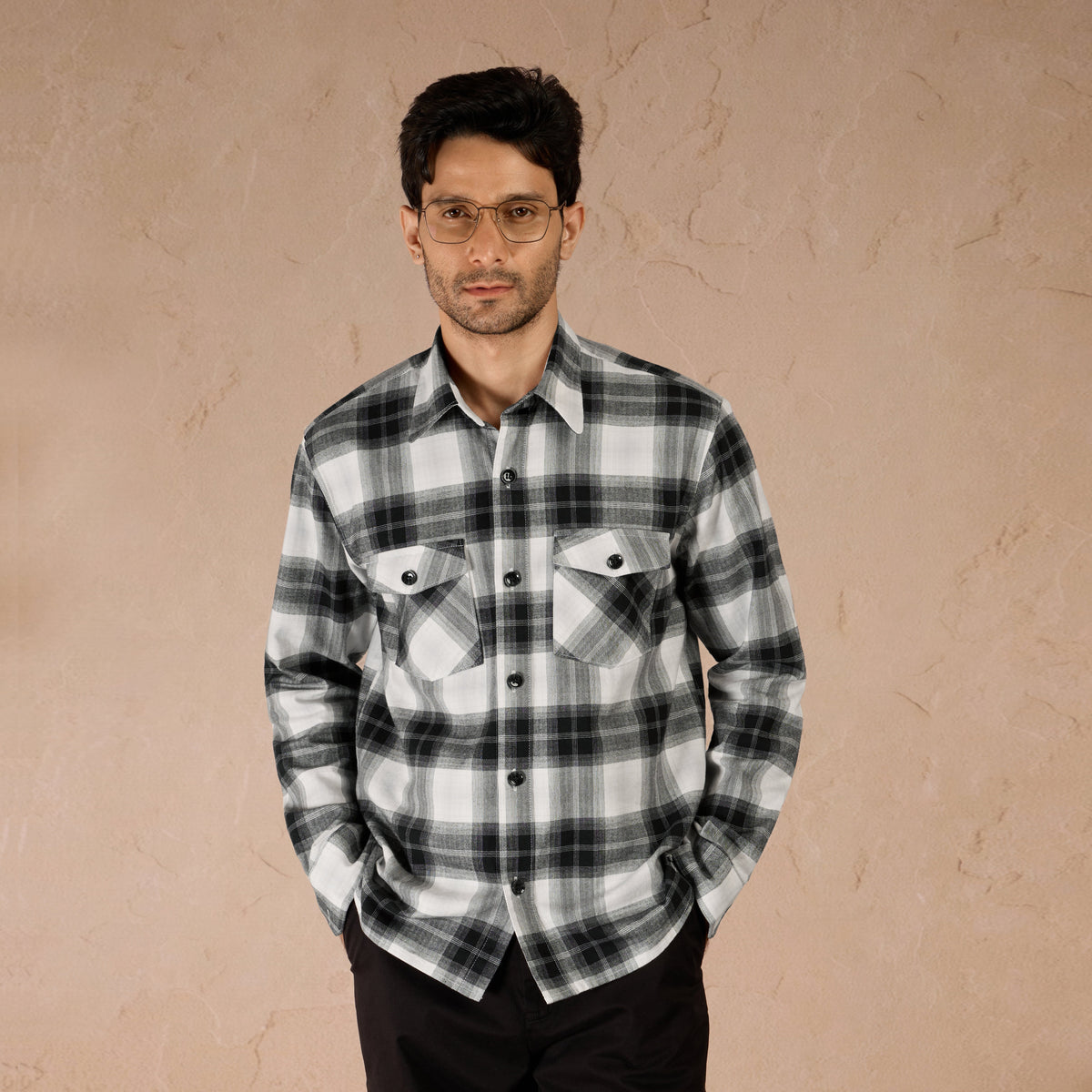 COTTON LIGHTWEIGHT FLANNEL SHIRT - BLACK