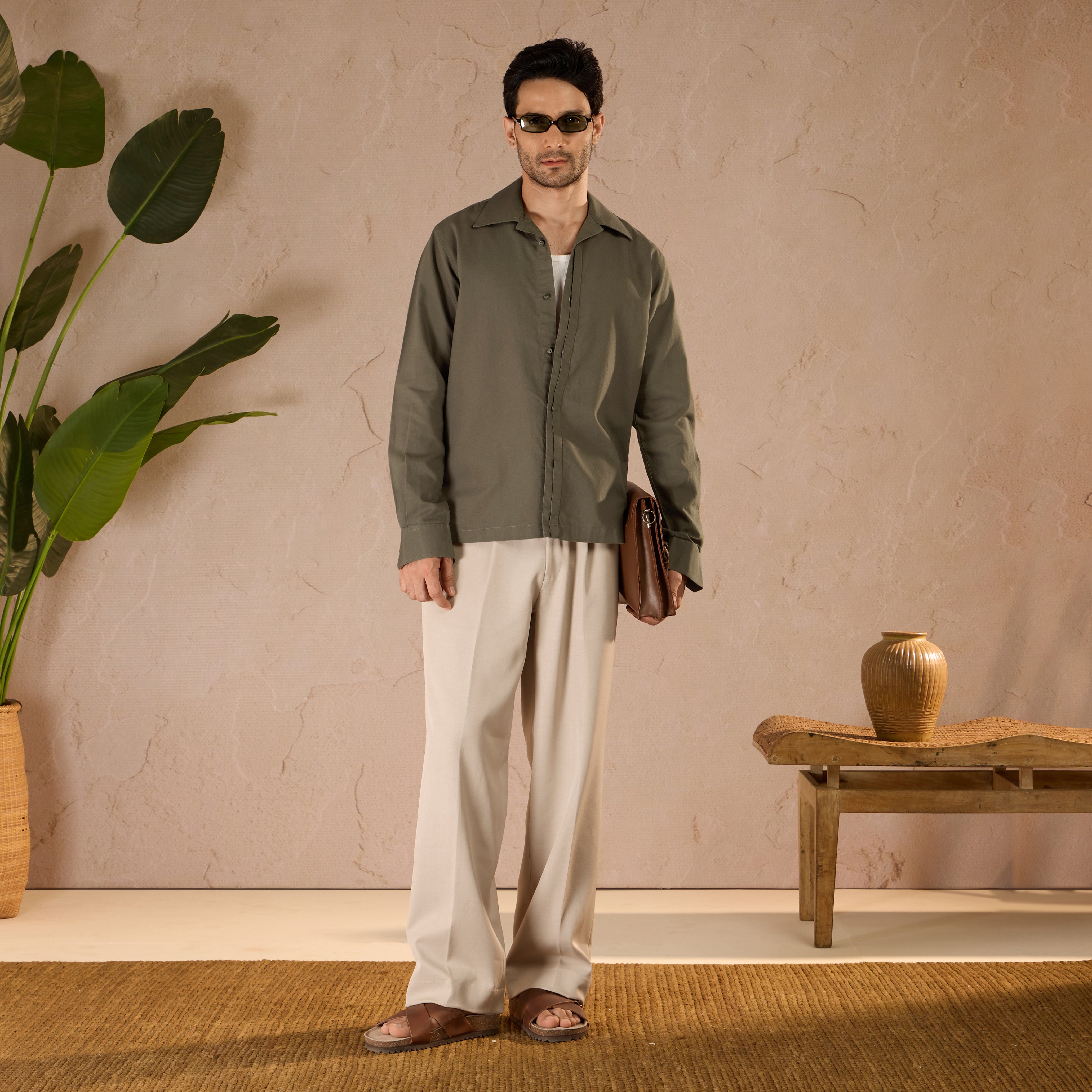 HALF PLACKET COTTON OXFORD SHIRT - OLIVE