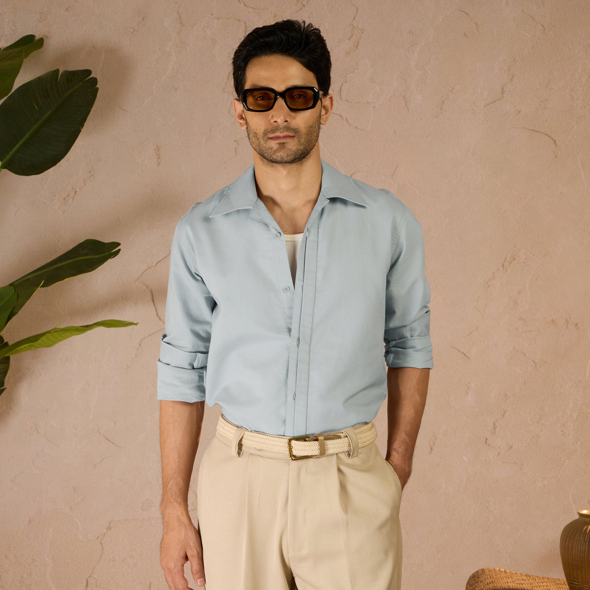 HALF PLACKET COTTON OXFORD SHIRT - SKY BLUE