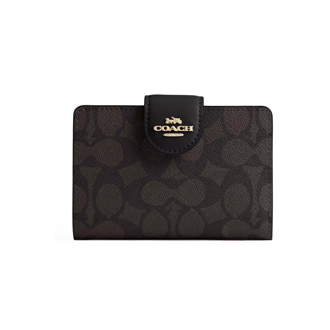 Coach Medium Corner Zip Wallet In Signature Canvas Gold Walnut Black