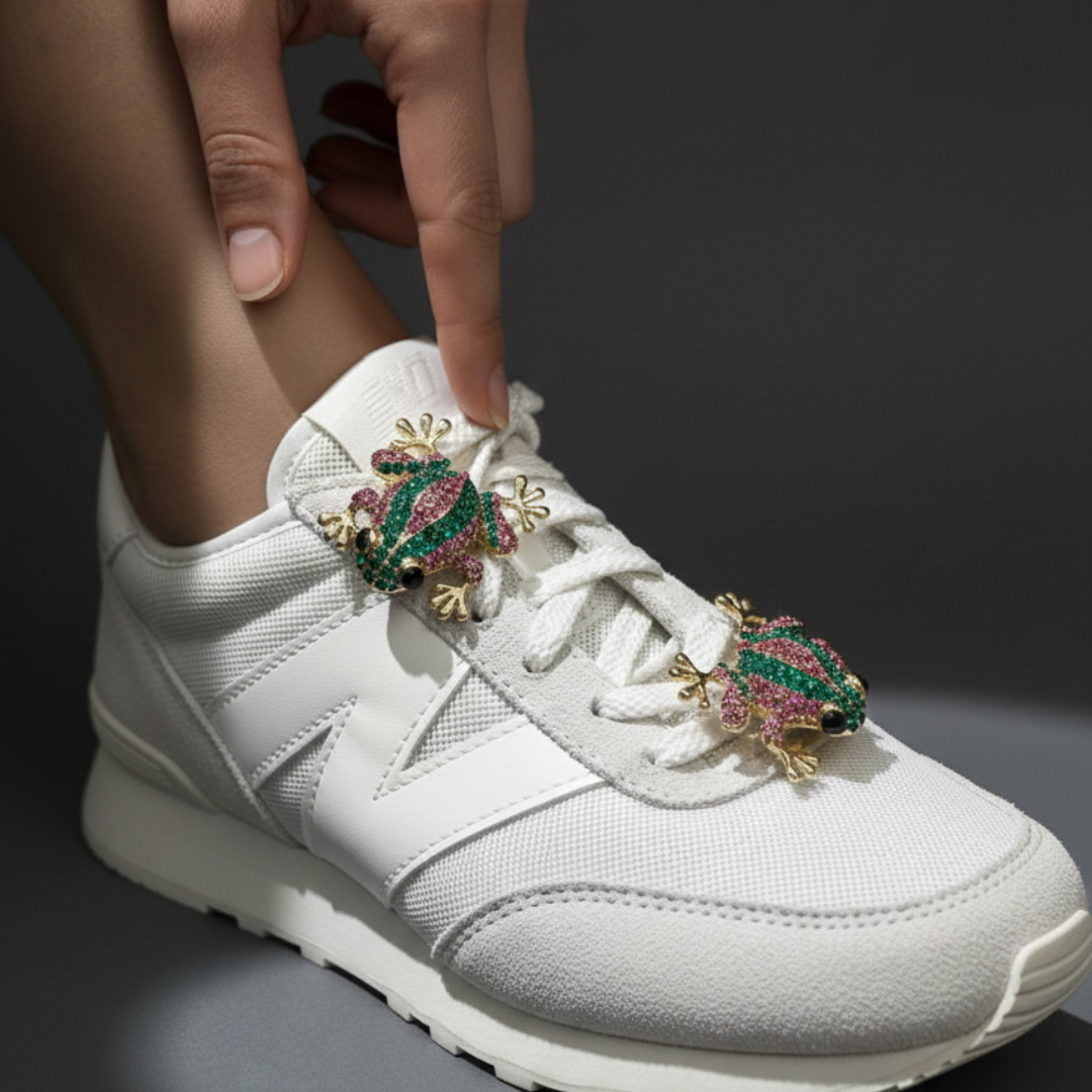 Green crystal frog charm on white sneaker eyelet — KNOTTY sneaker accessories India