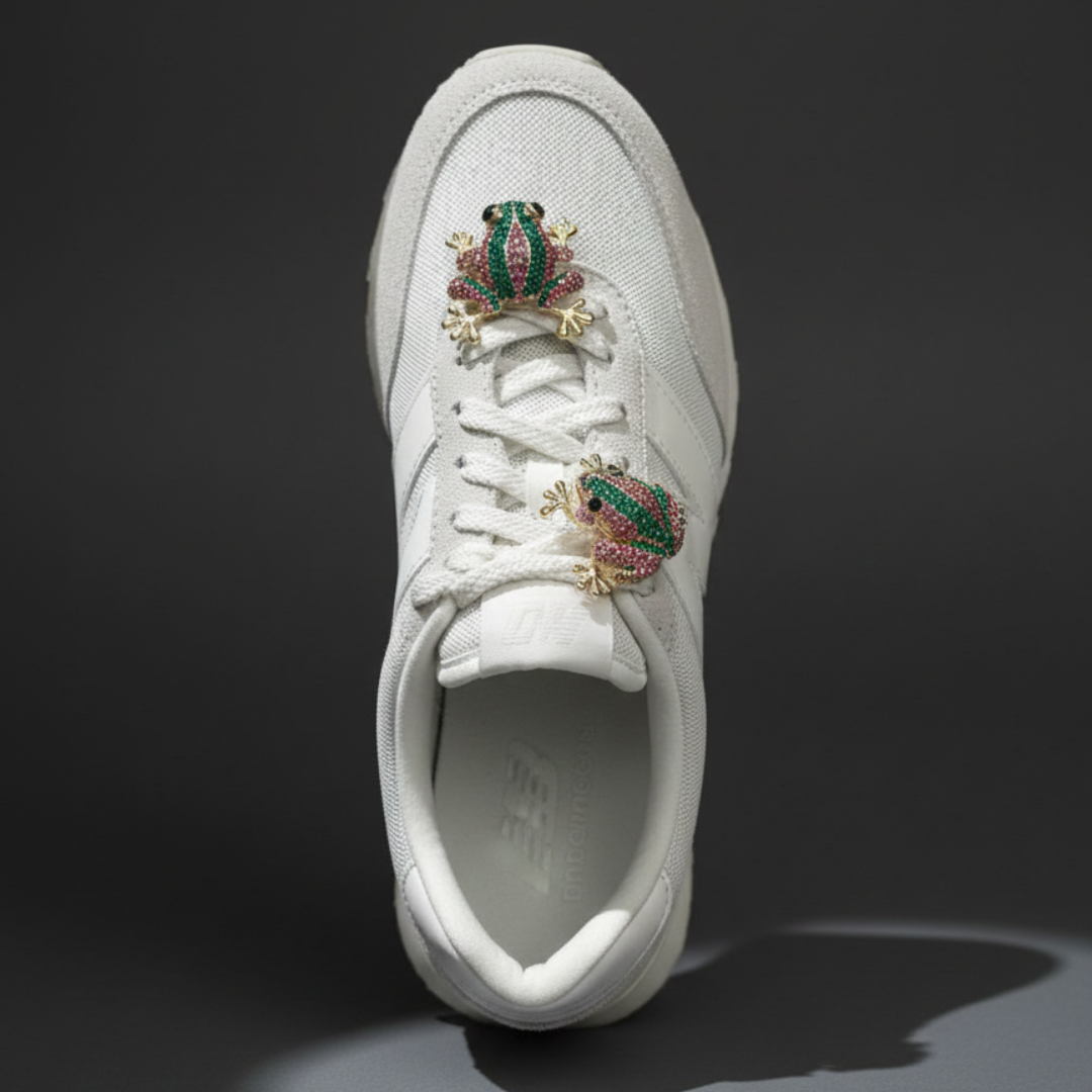 Green crystal frog charm on white sneaker eyelet — KNOTTY sneaker accessories India