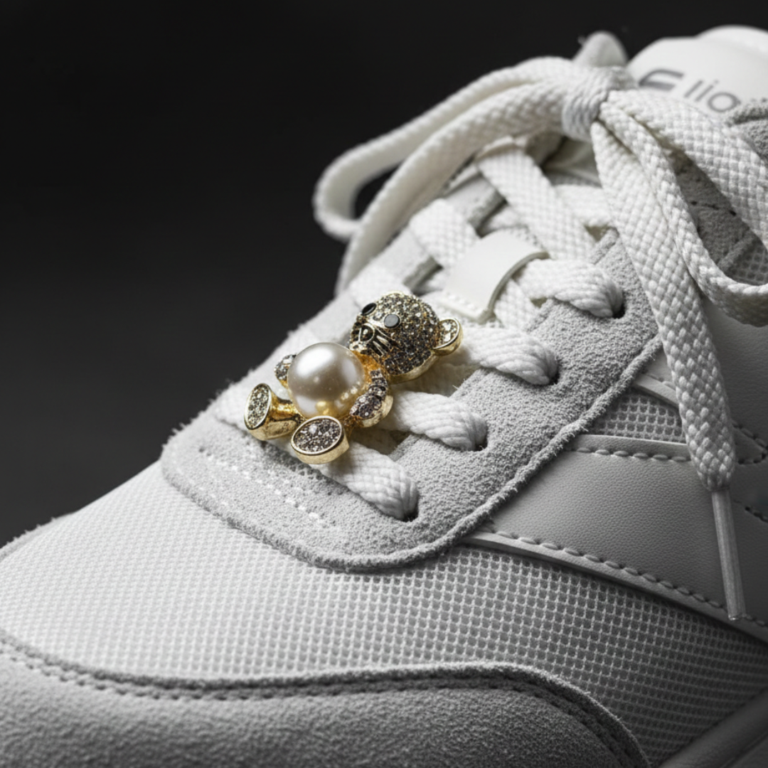 Pearl white teddy bear charm on white Dunk Low eyelet — KNOTTY accessories India