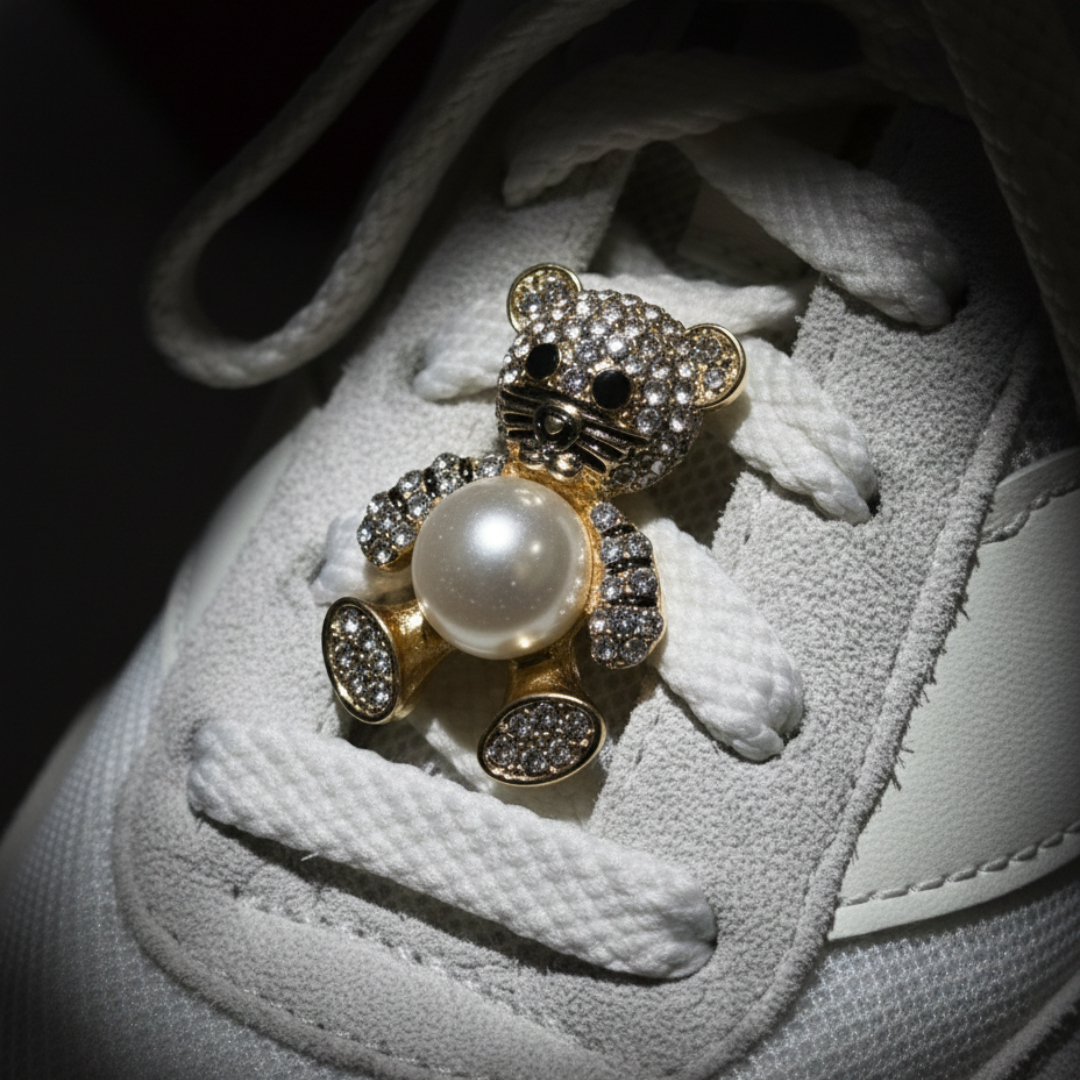 Pearl white teddy bear charm on white Dunk Low eyelet — KNOTTY accessories India