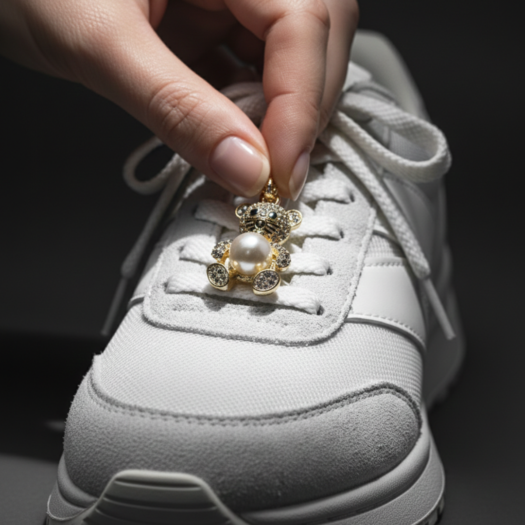 Pearl white teddy bear charm on white Dunk Low eyelet — KNOTTY accessories India