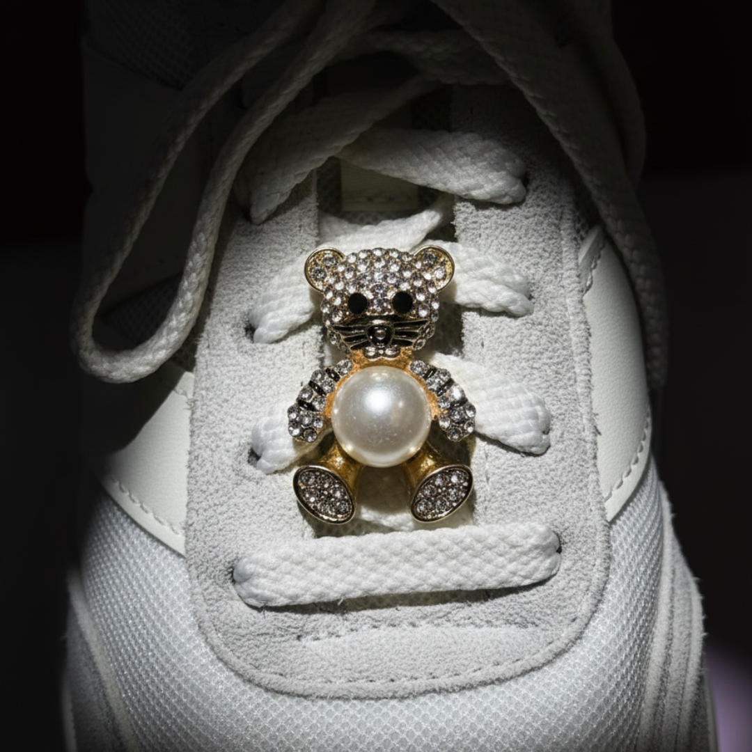 Pearl white teddy bear charm on white Dunk Low eyelet — KNOTTY accessories India