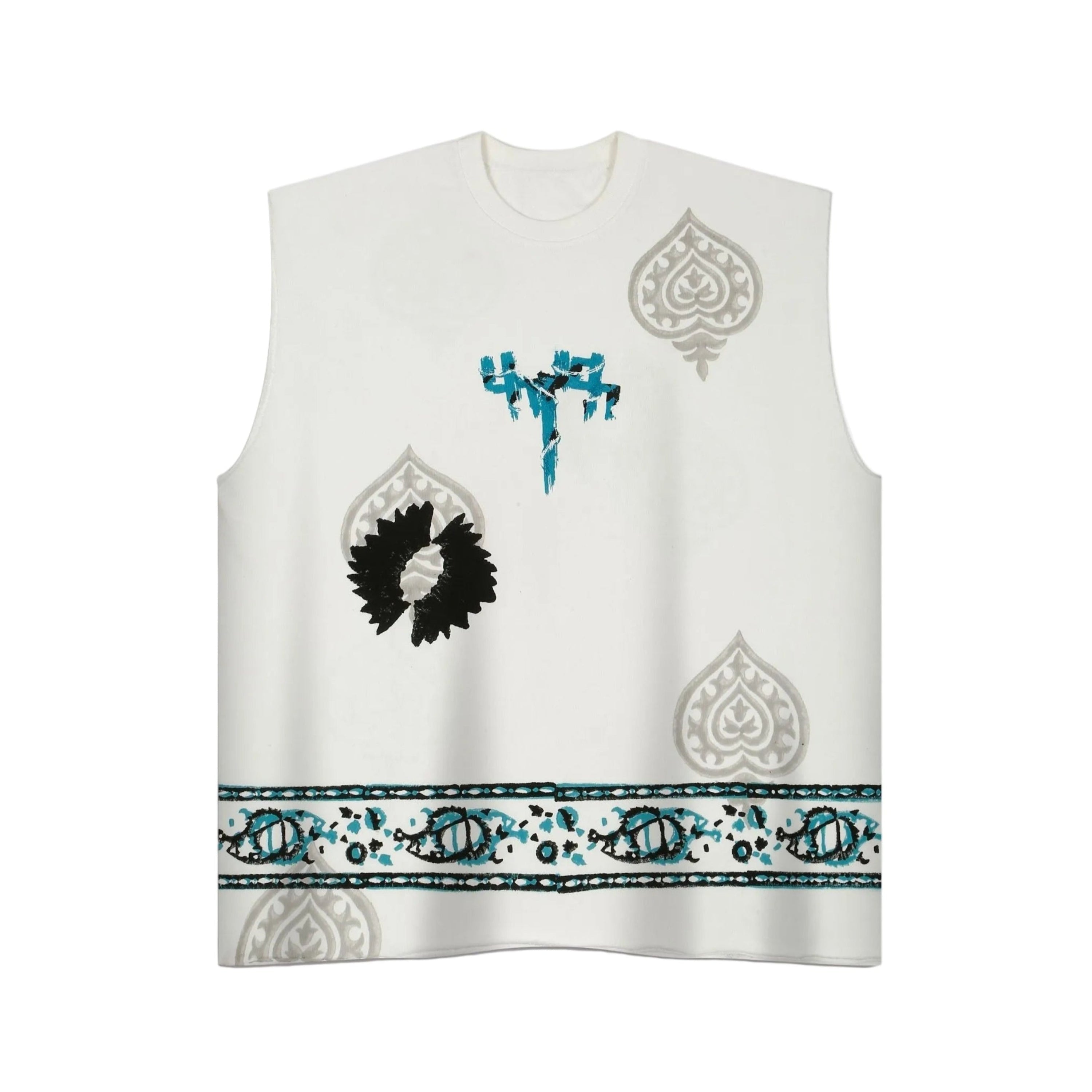Sleeveless Block-printed T-shirt