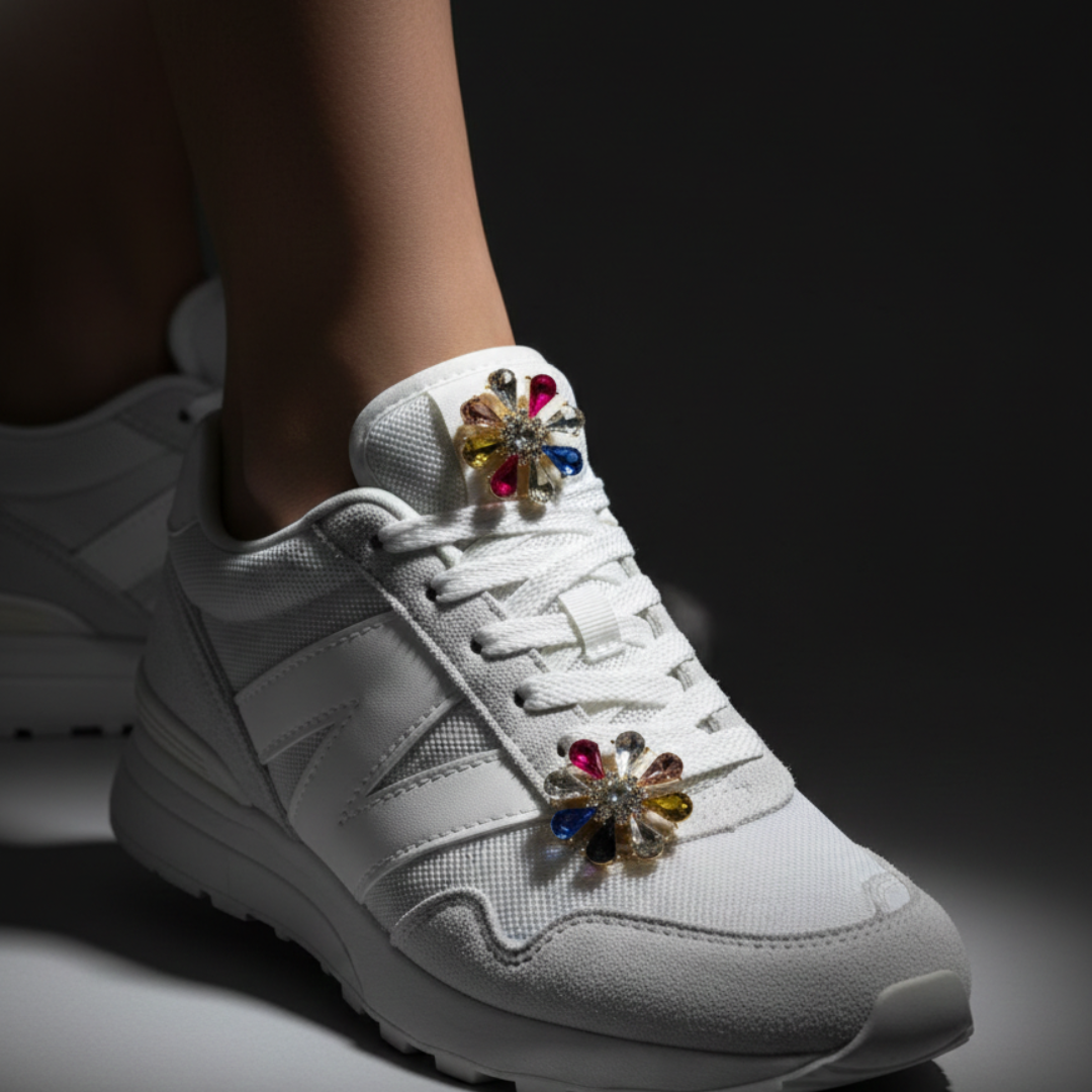 Multicolour crystal charm clipped to Jordan 1 eyelet — KNOTTY sneaker accessories India