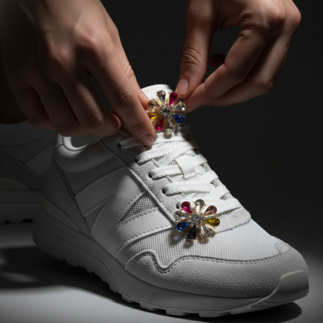 Multicolour crystal charm clipped to Jordan 1 eyelet — KNOTTY sneaker accessories India
