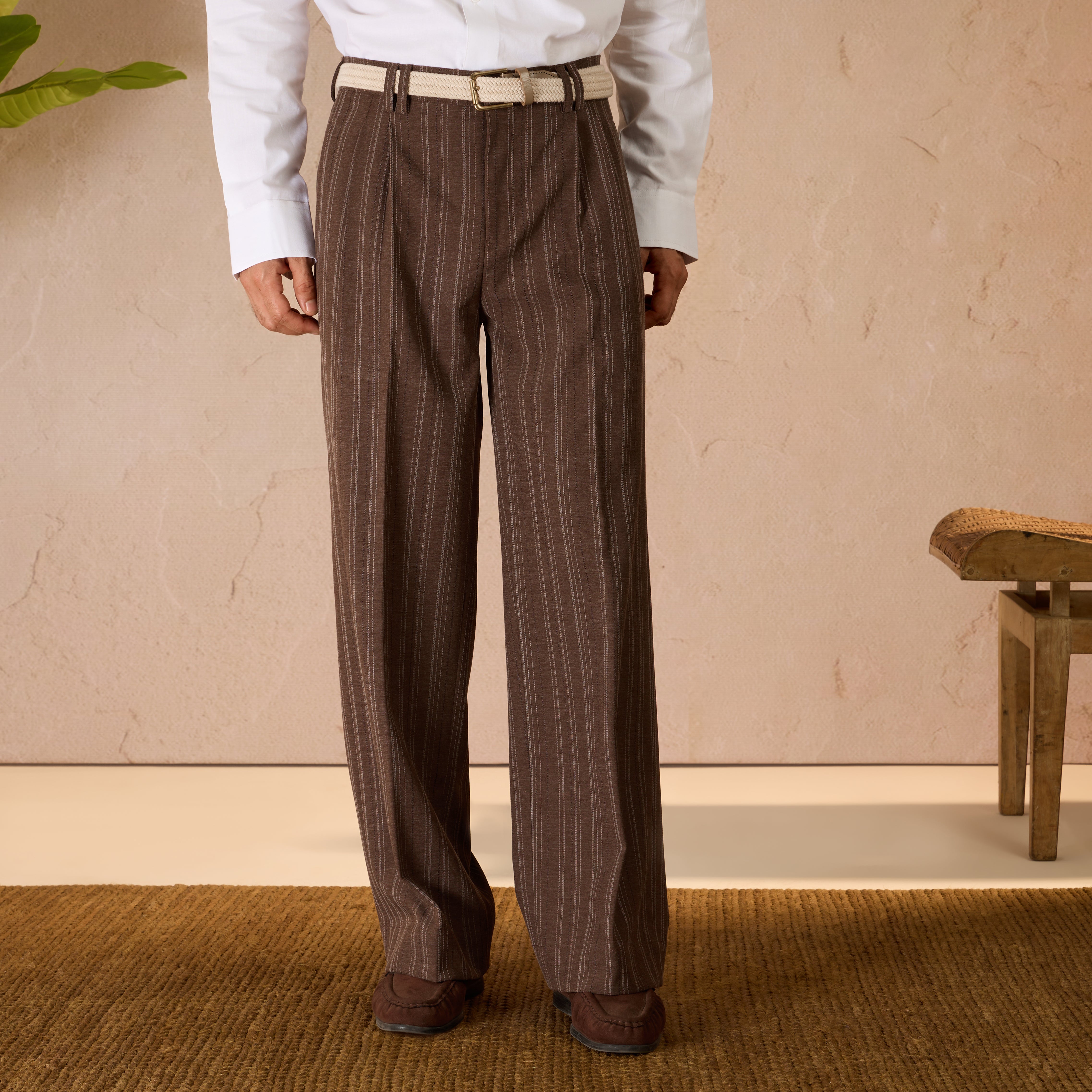 RELAXED FIT PINSTRIPE TROUSERS - BROWN