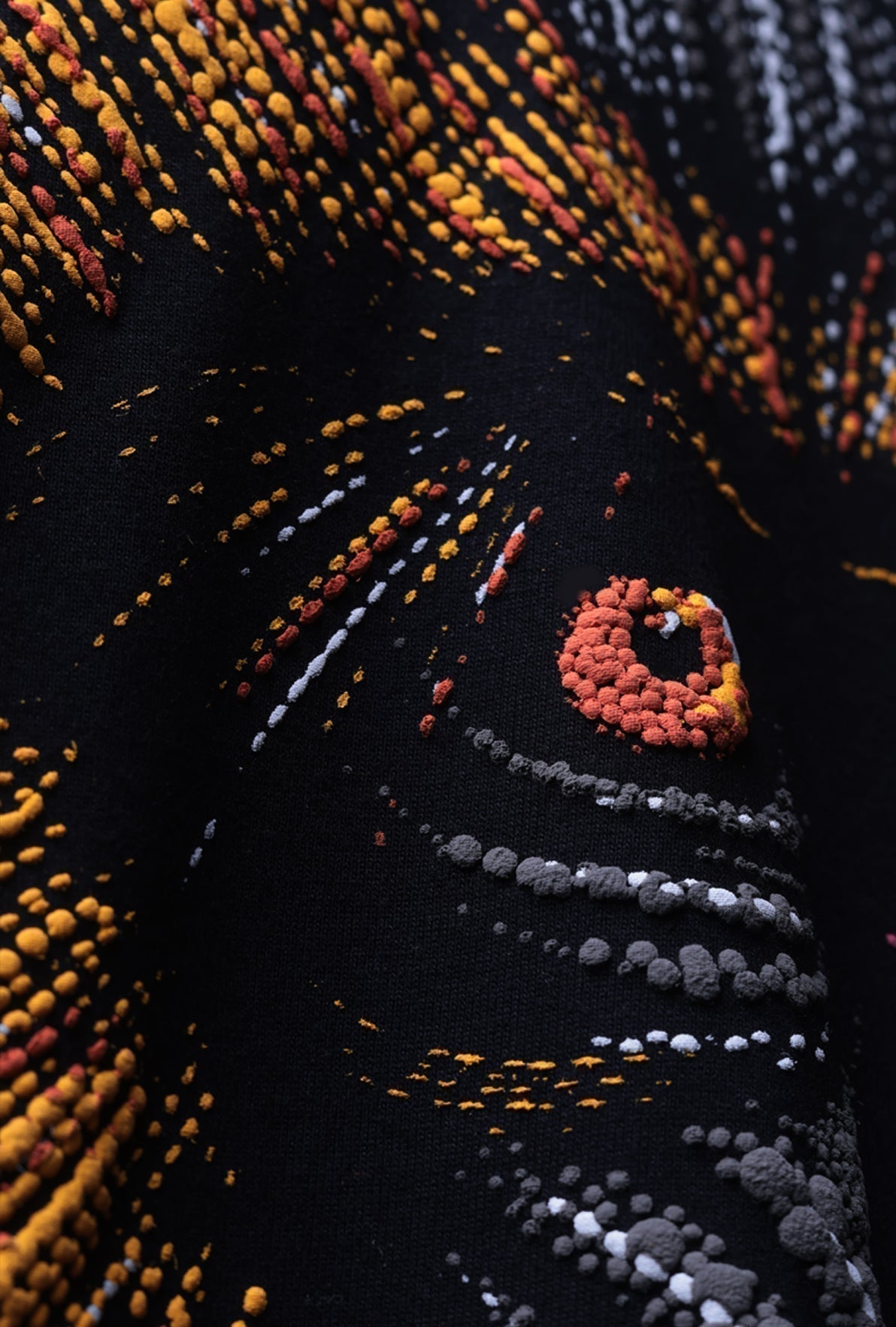Close-up of a textured fabric with colorful patterns on a black background Crepdog Crew