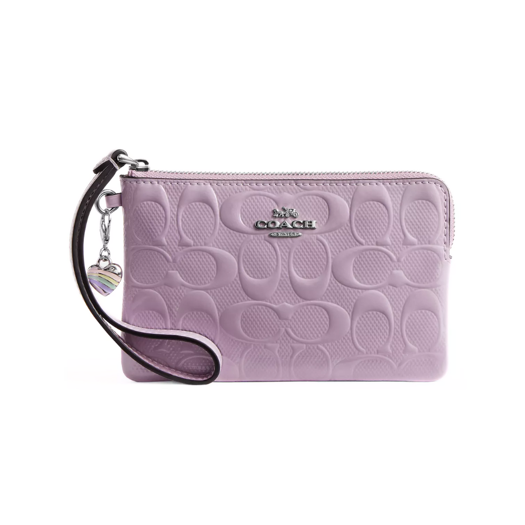 Coach Corner Zip Wristlet In Signature Leather With Heart Charm patent leather Silver Light Violet
