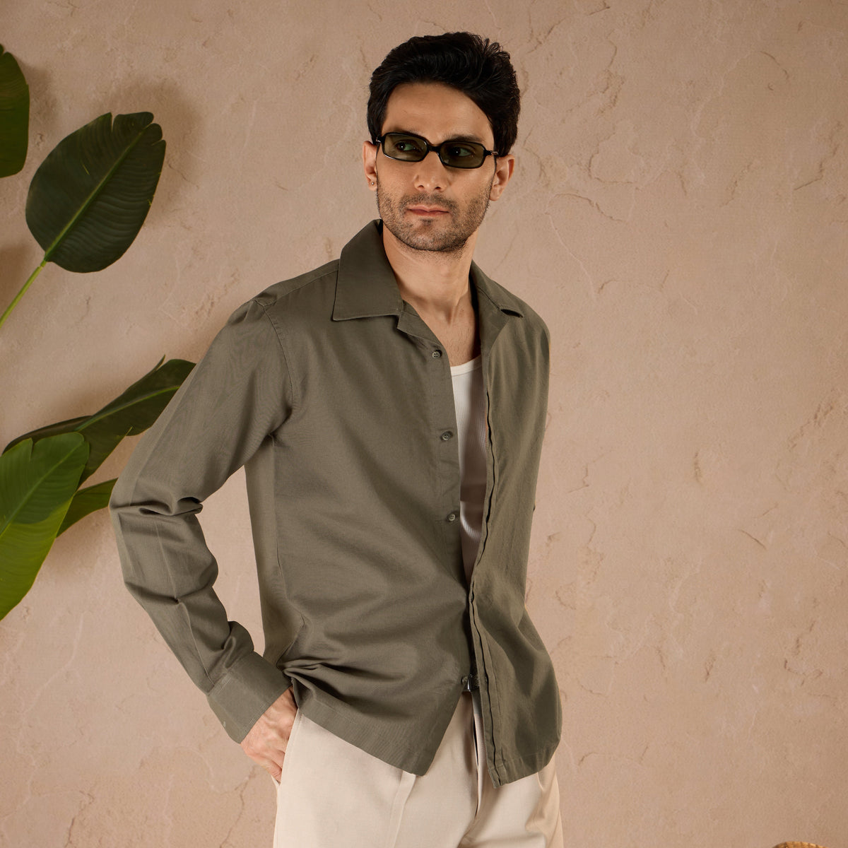 HALF PLACKET COTTON OXFORD SHIRT - OLIVE