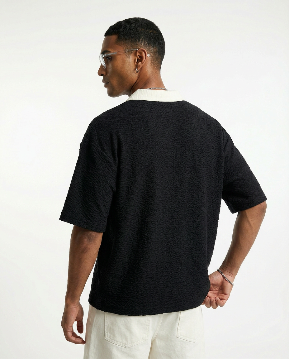 Angela Waffleknit Polo Tshirt - Black
