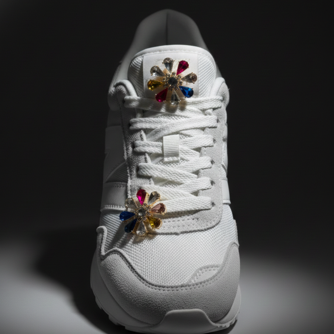 Multicolour crystal charm clipped to Jordan 1 eyelet — KNOTTY sneaker accessories India