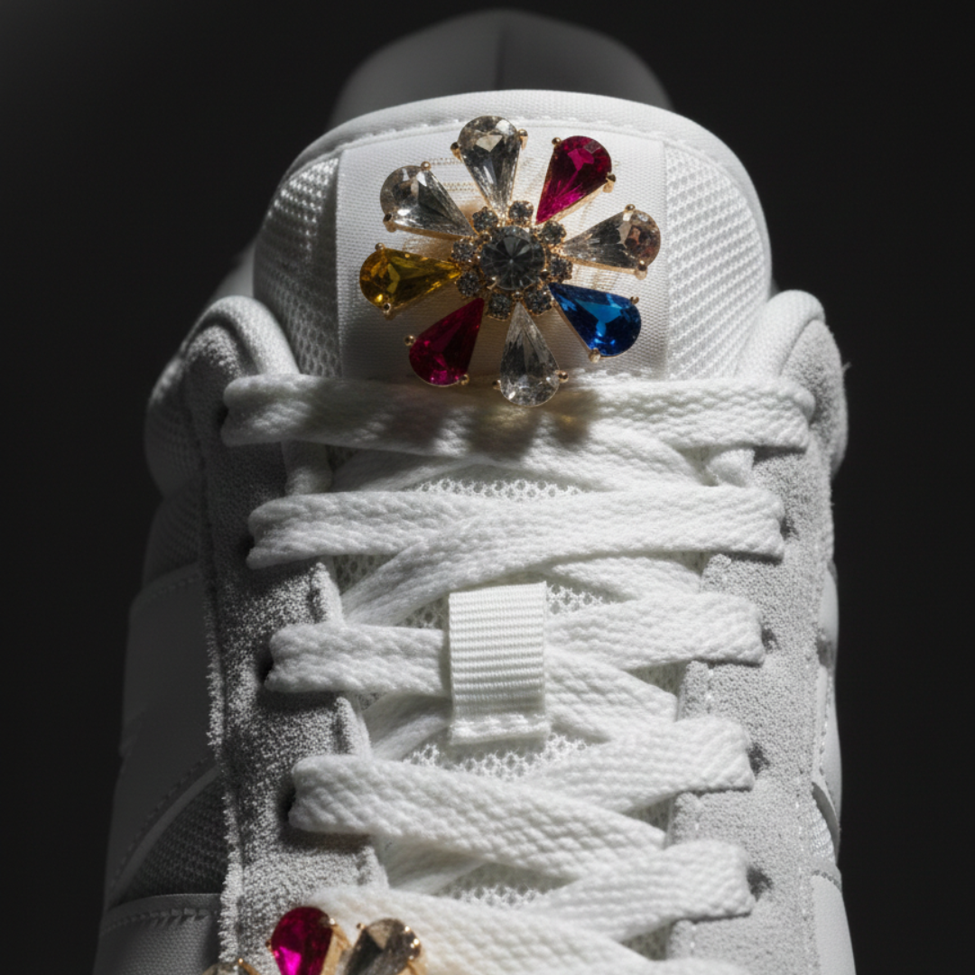 Multicolour crystal charm clipped to Jordan 1 eyelet — KNOTTY sneaker accessories India