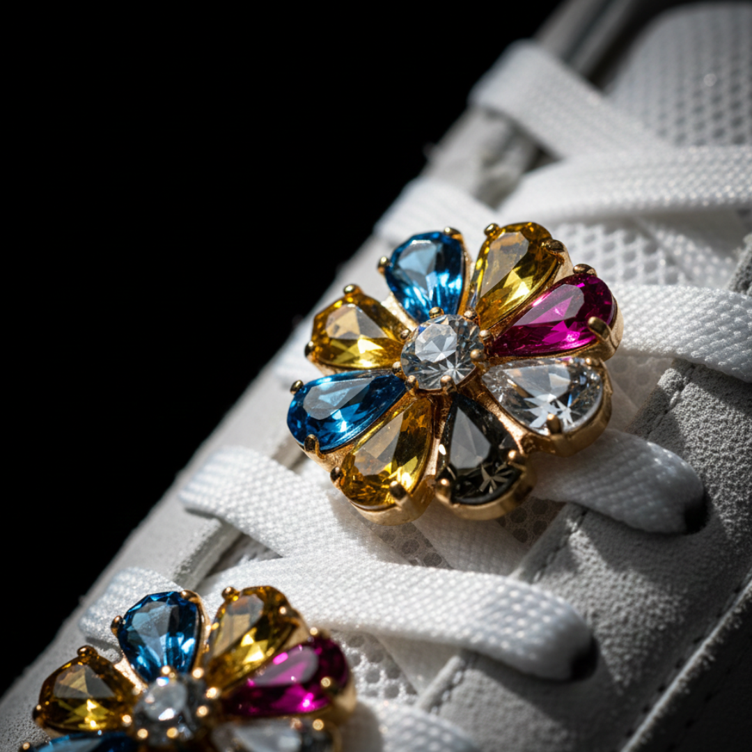 Multicolour crystal charm clipped to Jordan 1 eyelet — KNOTTY sneaker accessories India