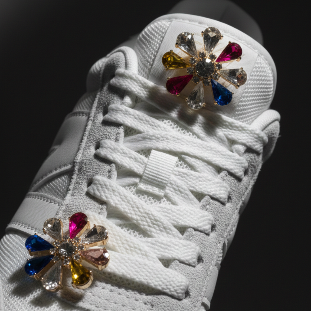 Multicolour crystal charm clipped to Jordan 1 eyelet — KNOTTY sneaker accessories India