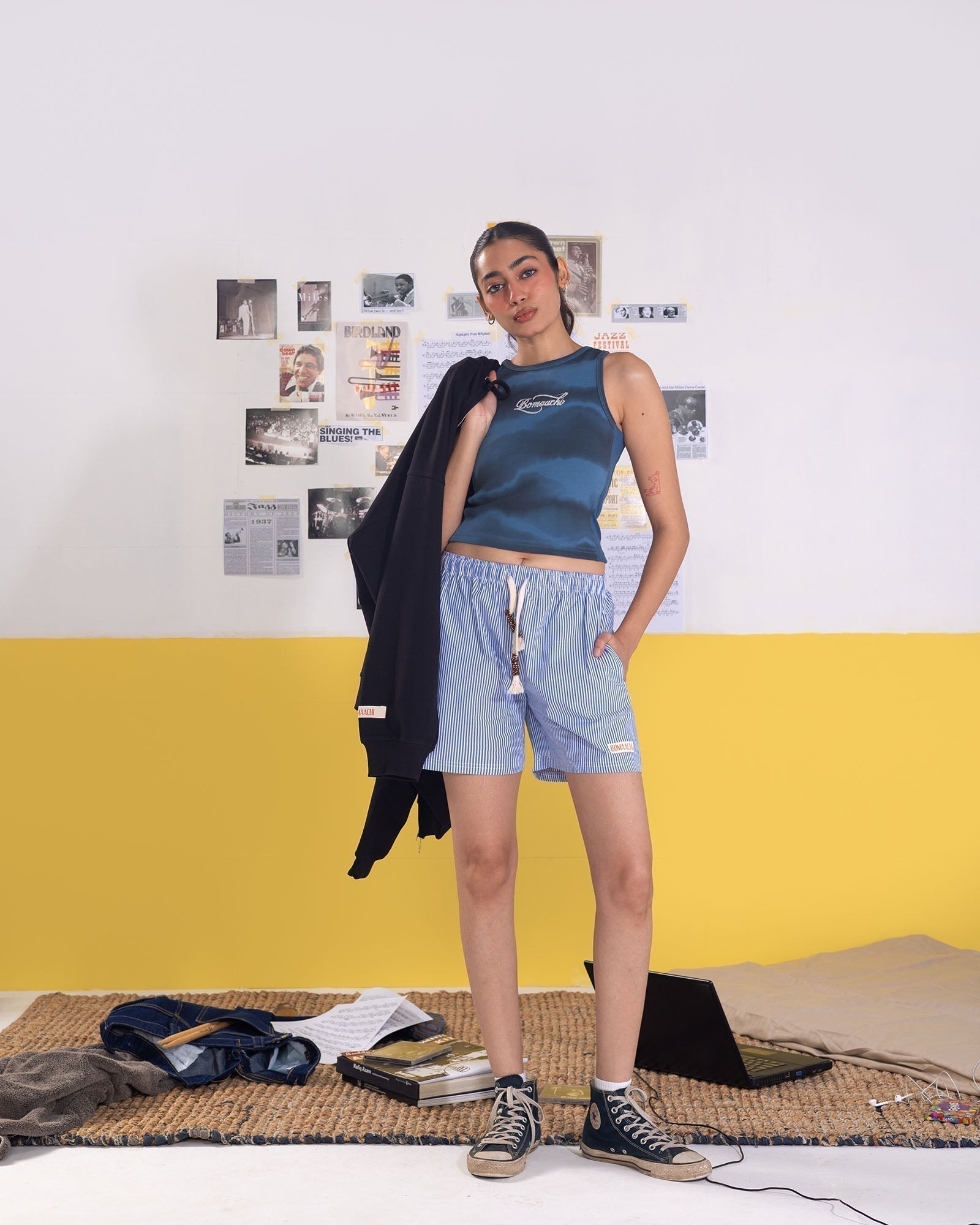 Rope Embroidered Blue Tank Top