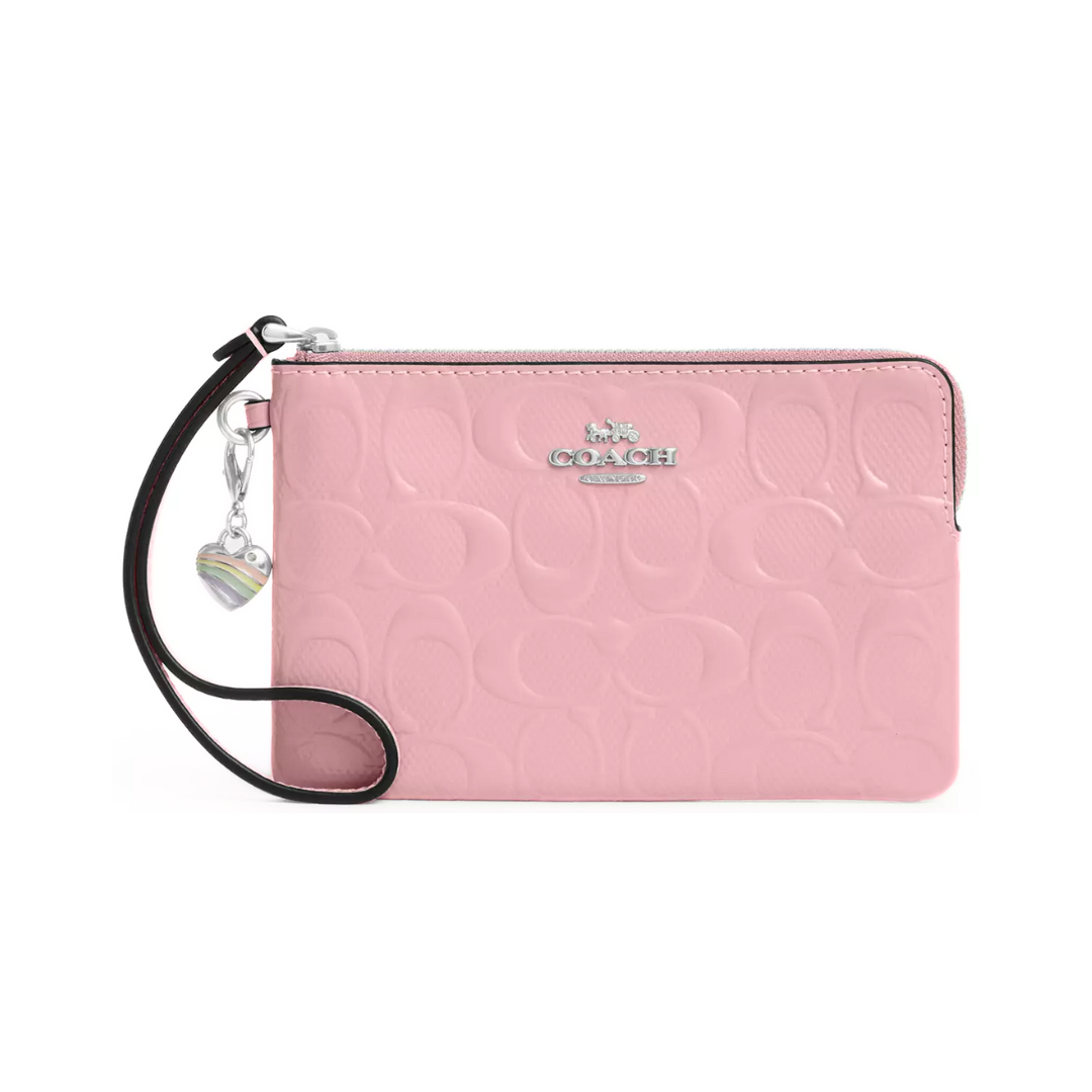 Coach Corner Zip Wristlet In Signature Leather With Heart Charm patent leather Silver Pink