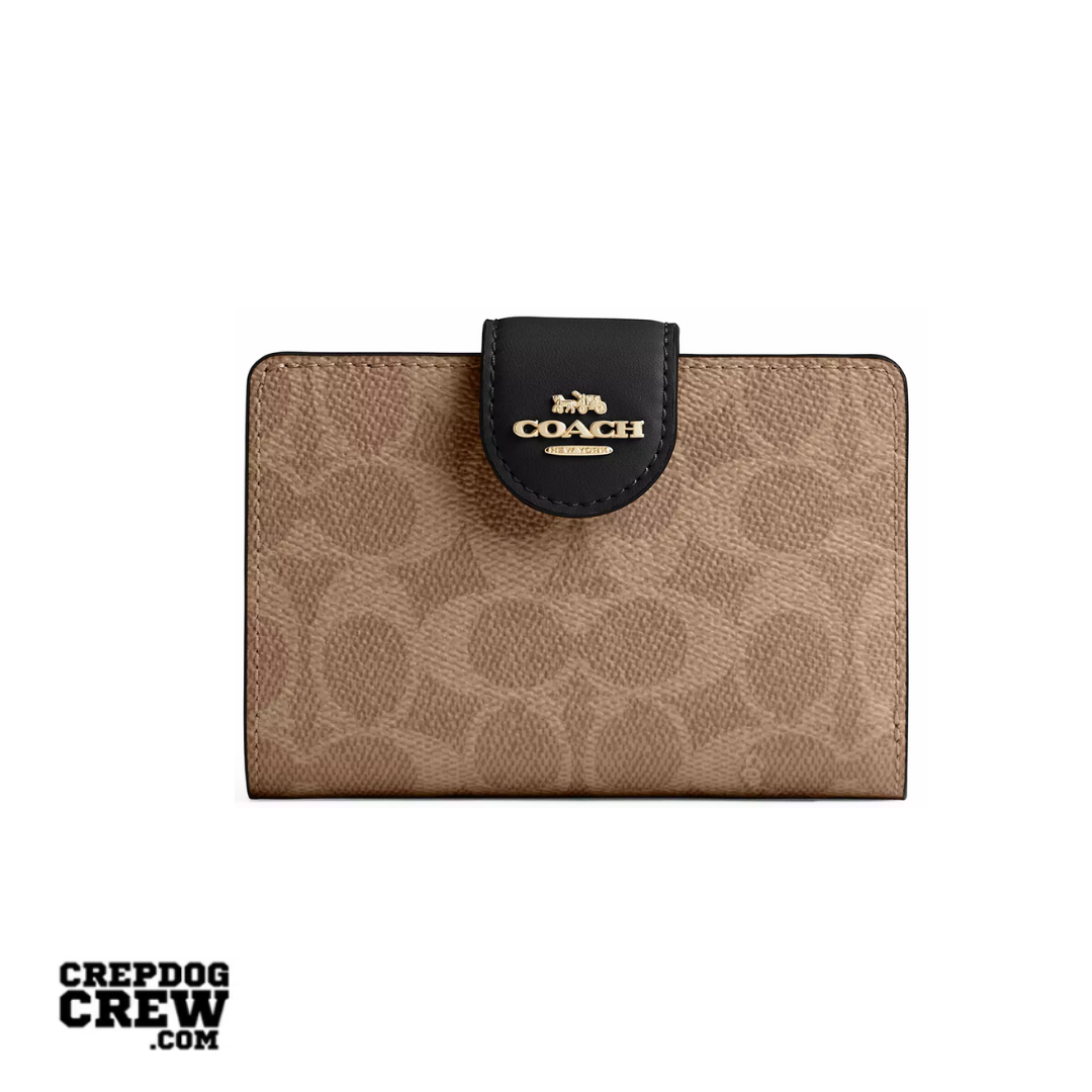 Coach Medium Corner Zip Wallet In Signature Canvas Gold Tan Black