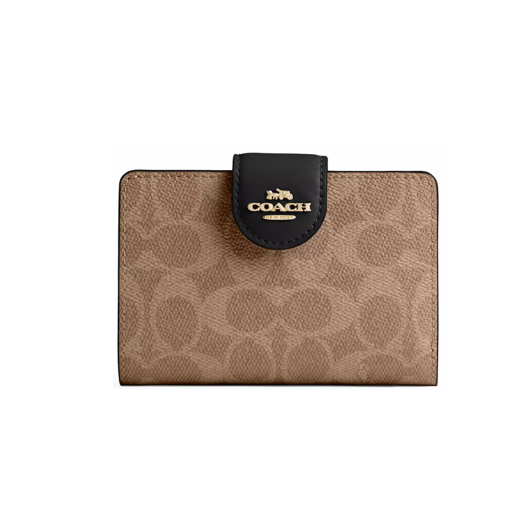 Coach Medium Corner Zip Wallet In Signature Canvas Gold Tan Black