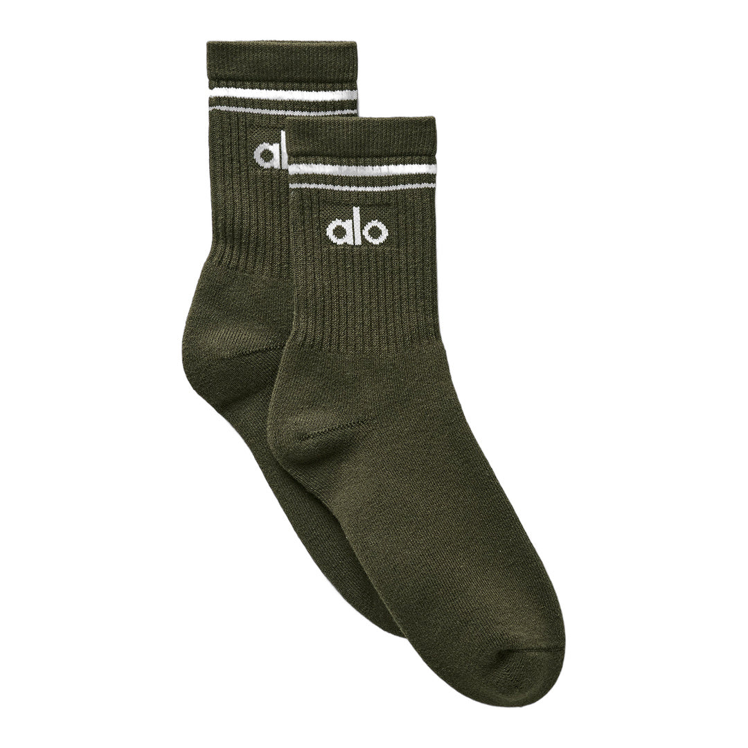 alo Unisex Half-Crew Throwback Sock - Green Olive/White
