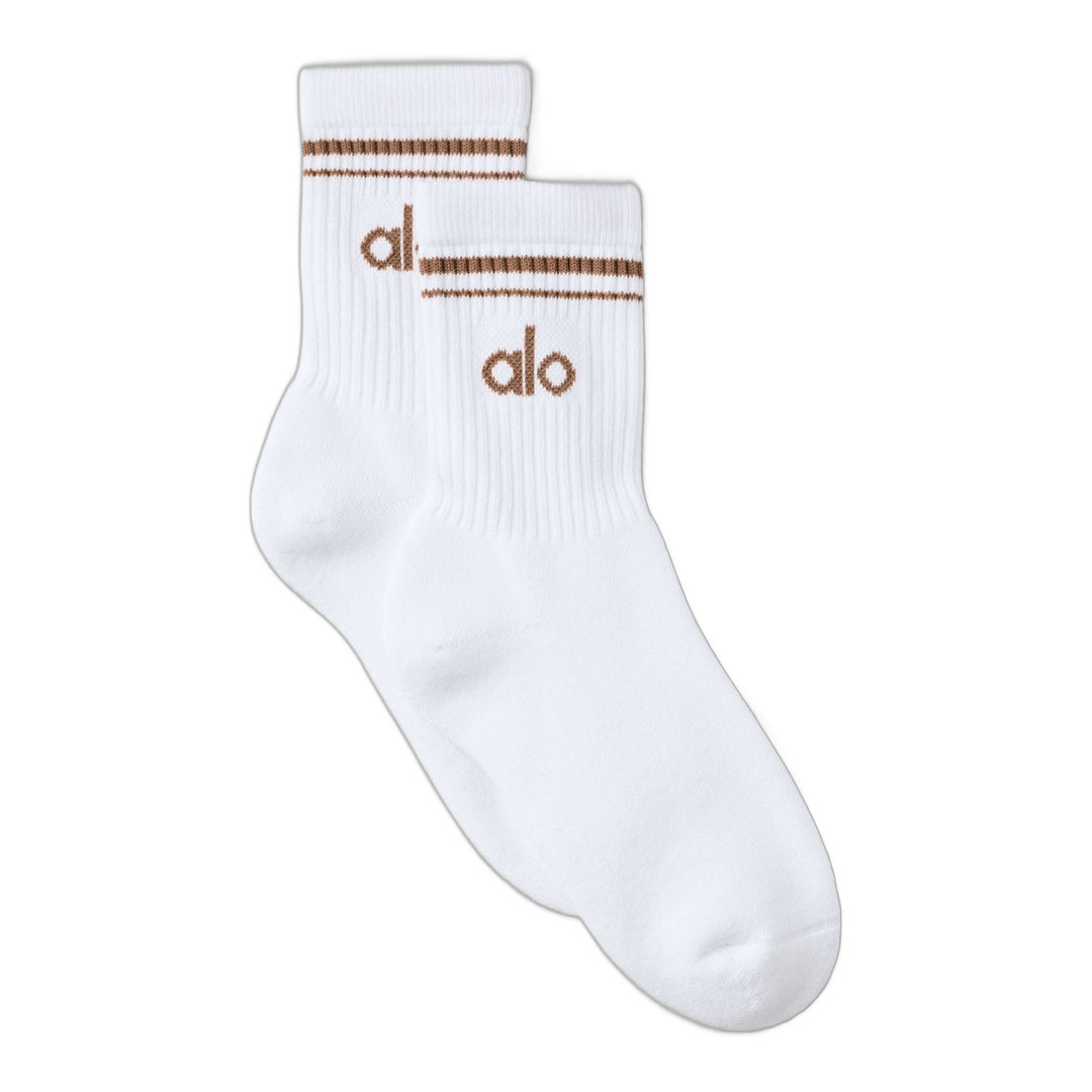 alo Unisex Half-Crew Throwback Sock - White/Sun Kissed Brown