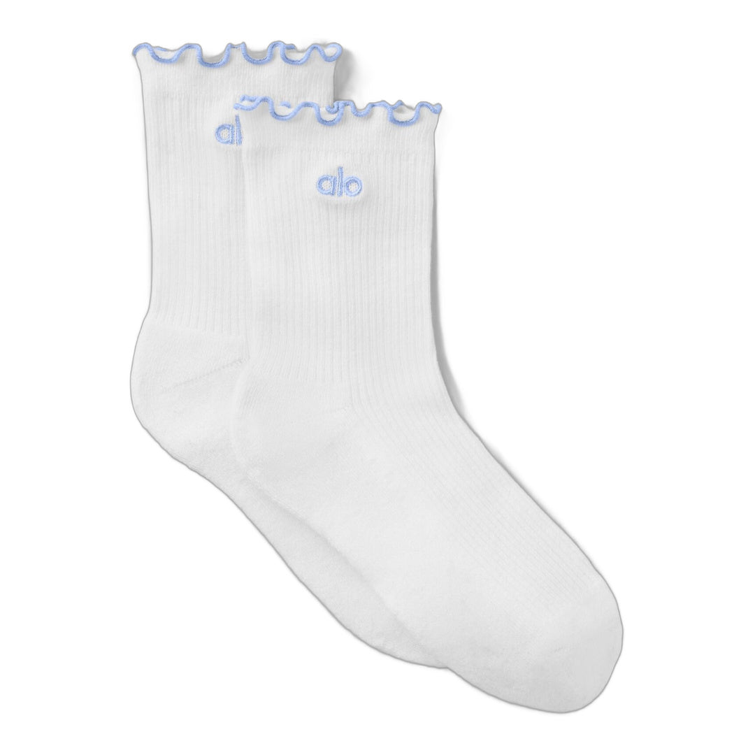 alo Women's Lettuce Edge Sock - White/Light Provence Blue