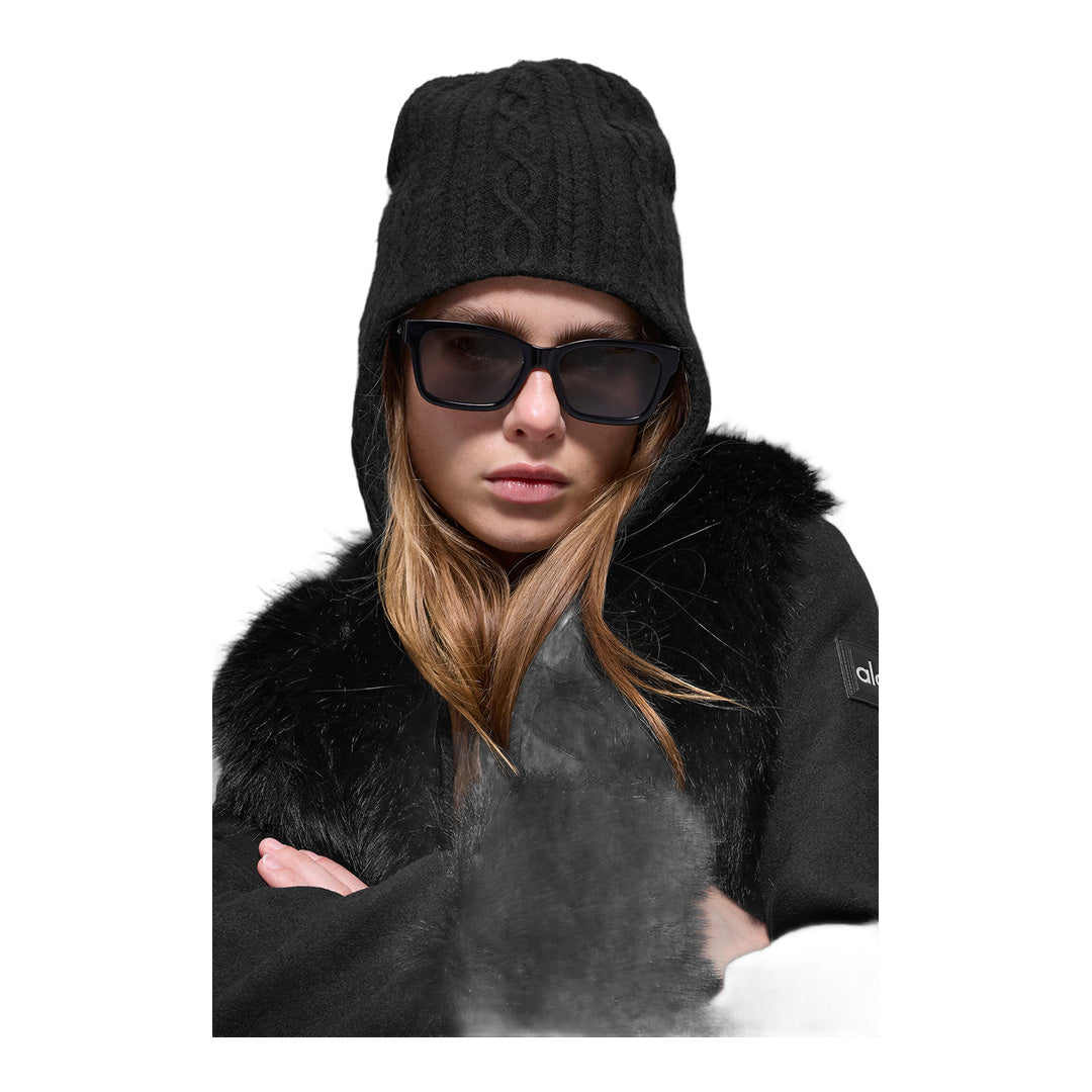 alo Cable Knit Winter Bliss Earflap Beanie - Black