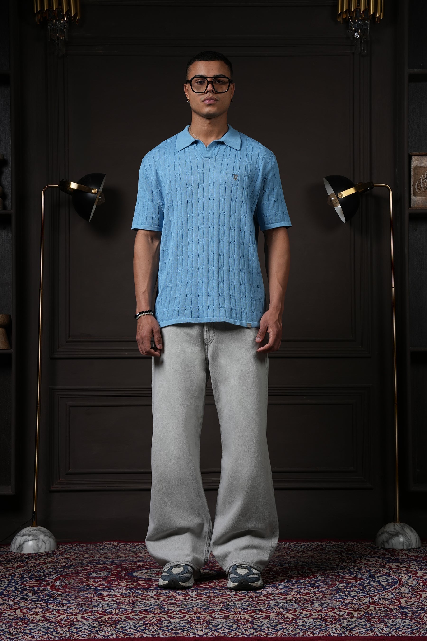 Pristine Cable Knit Polo - Cornflower Blue