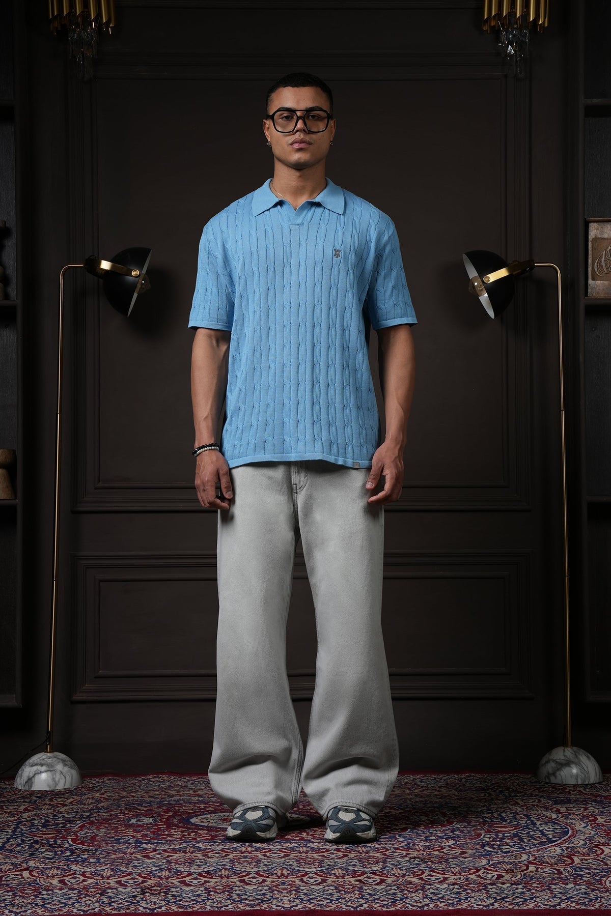 Pristine Cable Knit Polo - Cornflower Blue