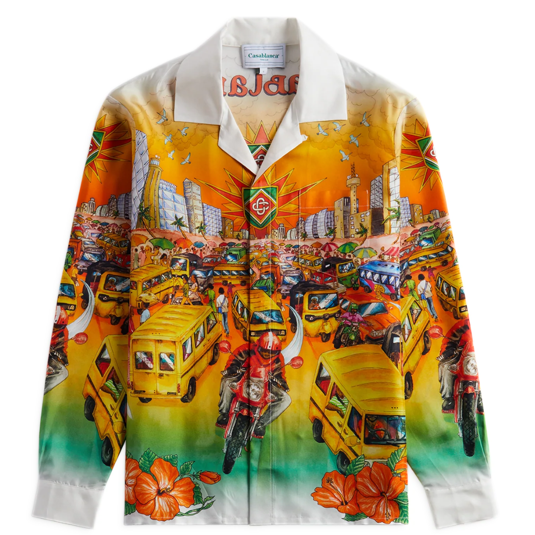 CASABLANCA SILK TWILL UNISEX CUBAN COLLAR LONG SLE Orange white