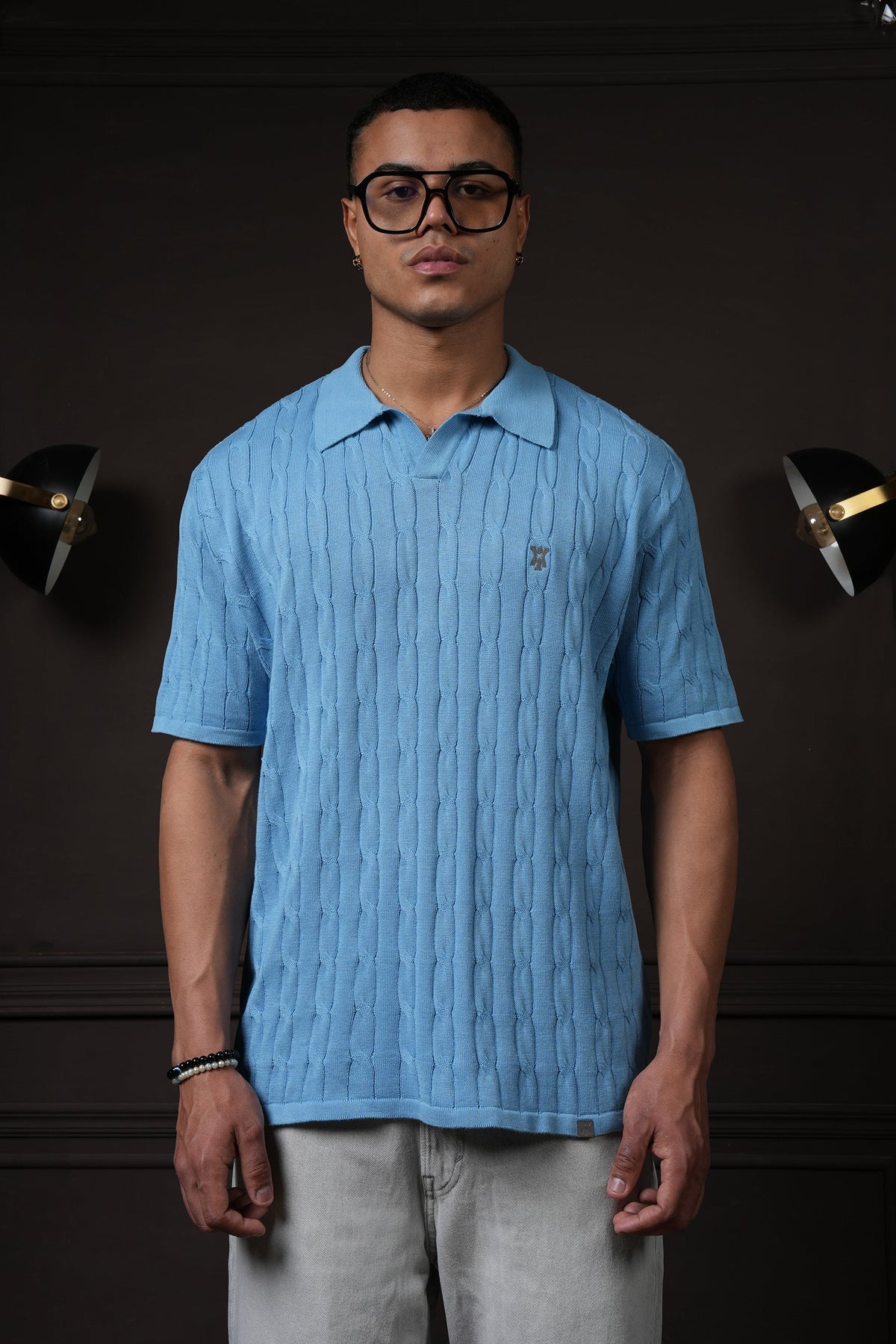 Pristine Cable Knit Polo - Cornflower Blue
