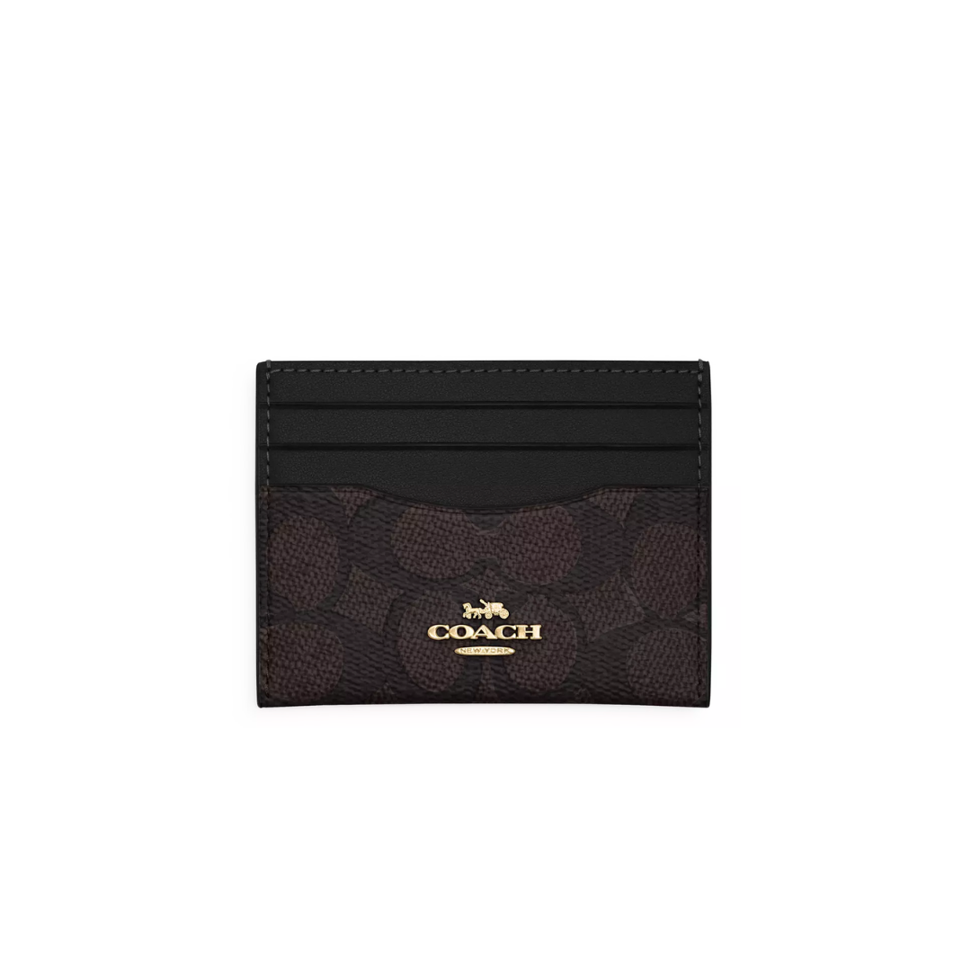 COACH Slim Id Card Case In Signature Canvas Gold Walnut Black