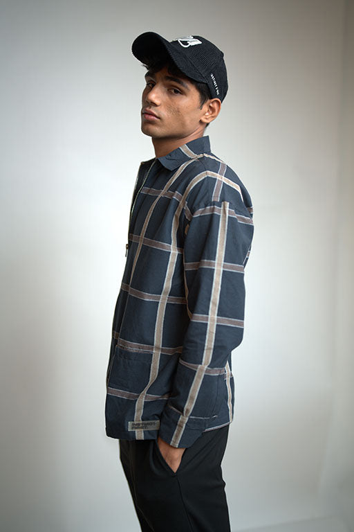 Checkered Shacket -(Navy)