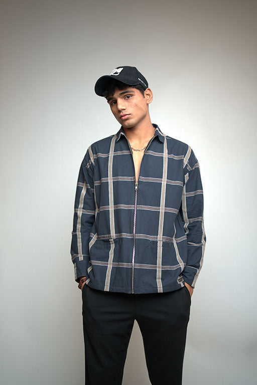 Checkered Shacket -(Navy)