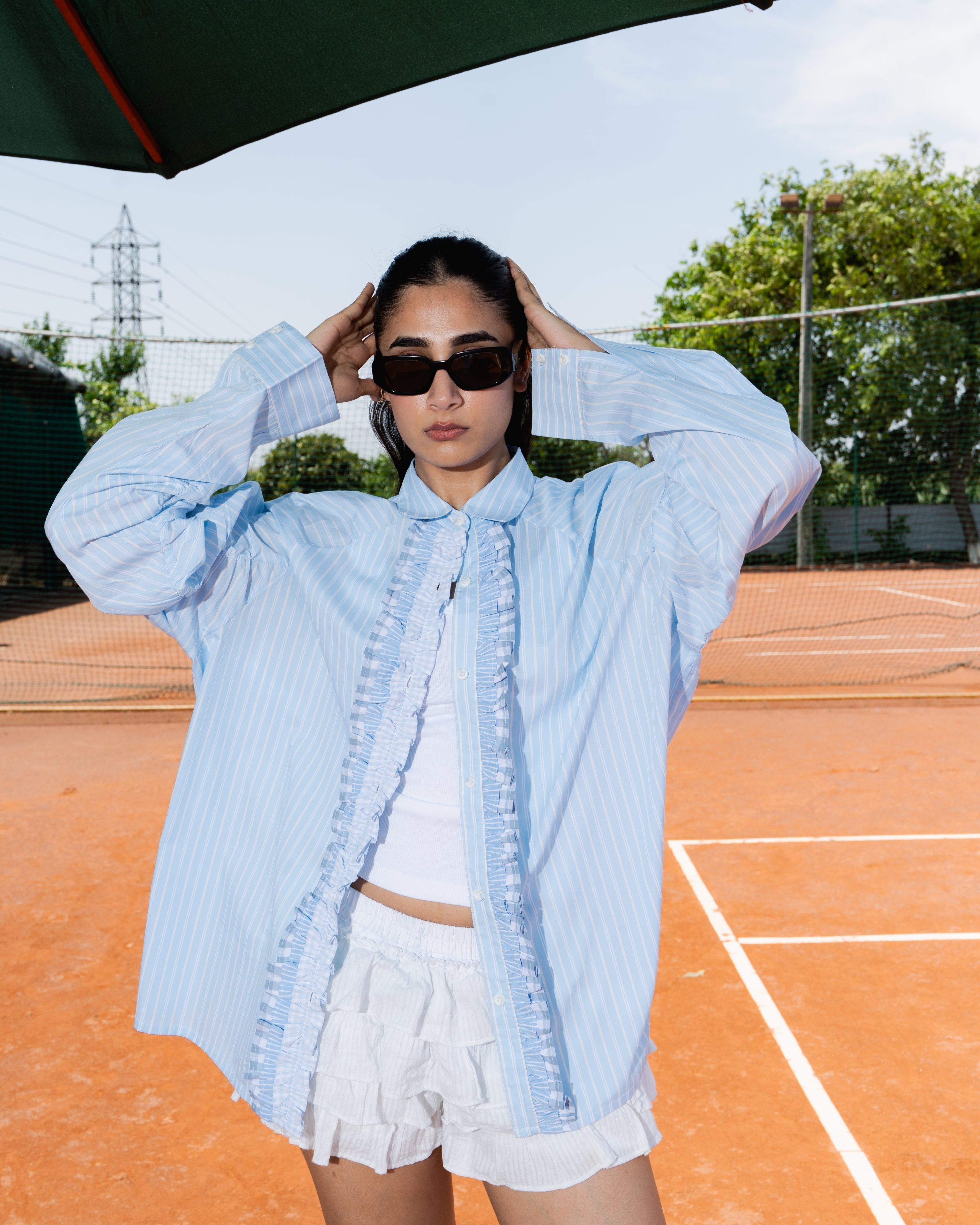 STRUCT RUFFLED PINSTRIPE SHIRT - SKY
