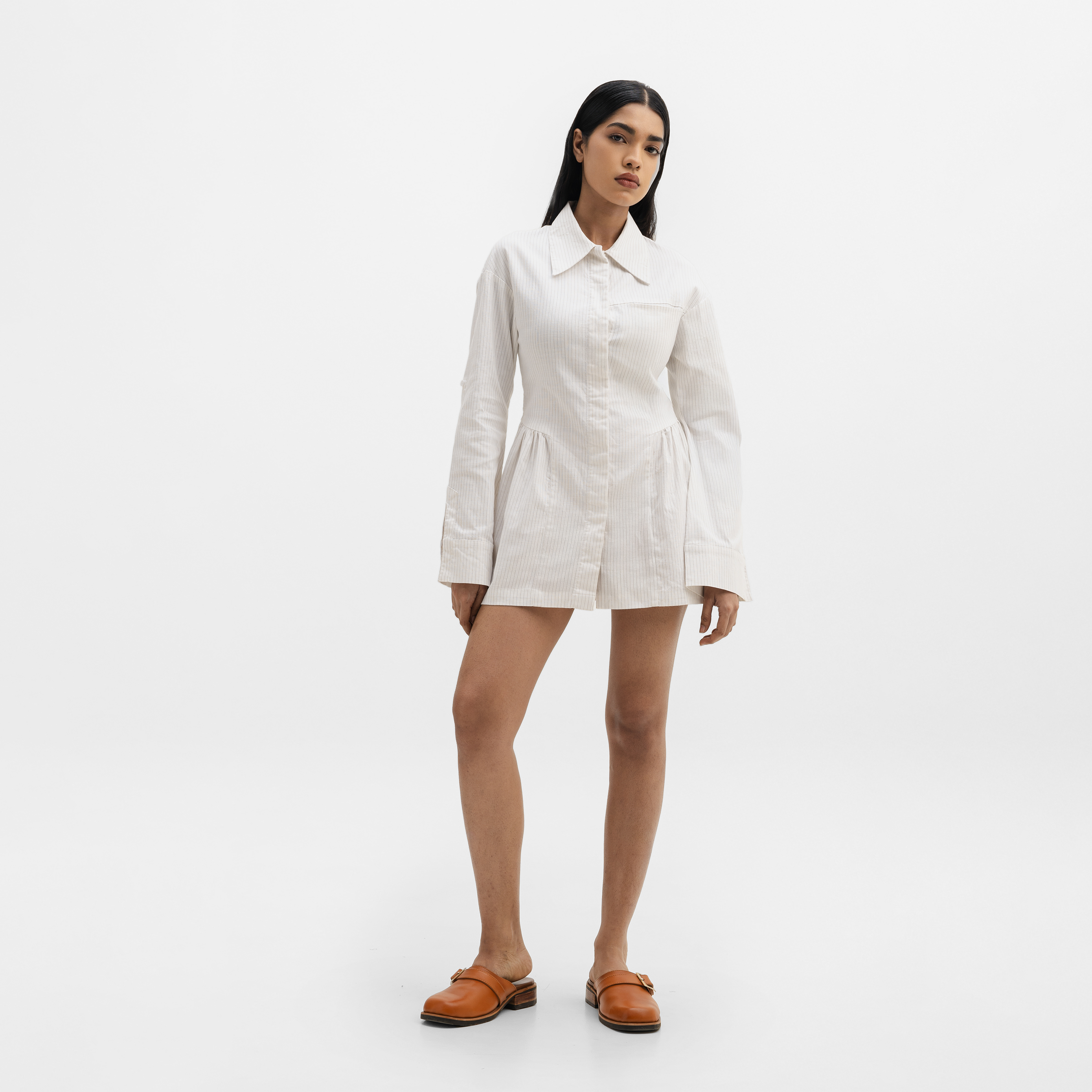 STRIPED SHIRT DRESS- WHITE