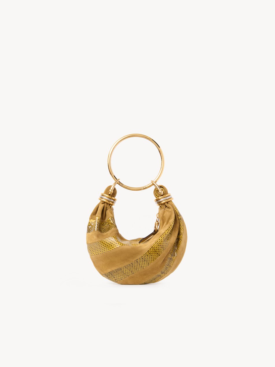 CHLOE Mini Bracelet Hobo bag in suede leather & snakeskin Gold / Khaki