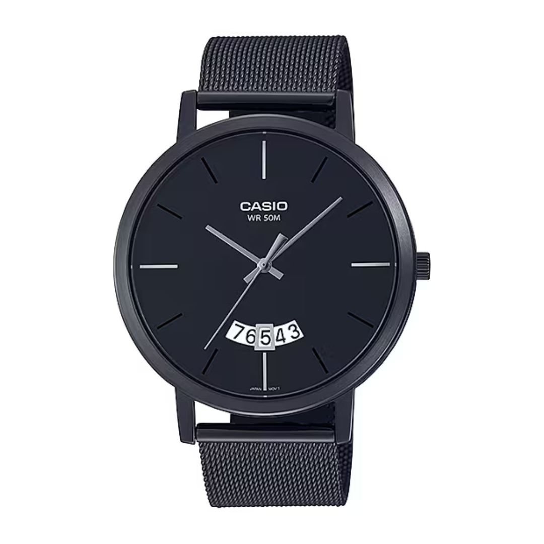 Black Casio watch with mesh band on a white background
