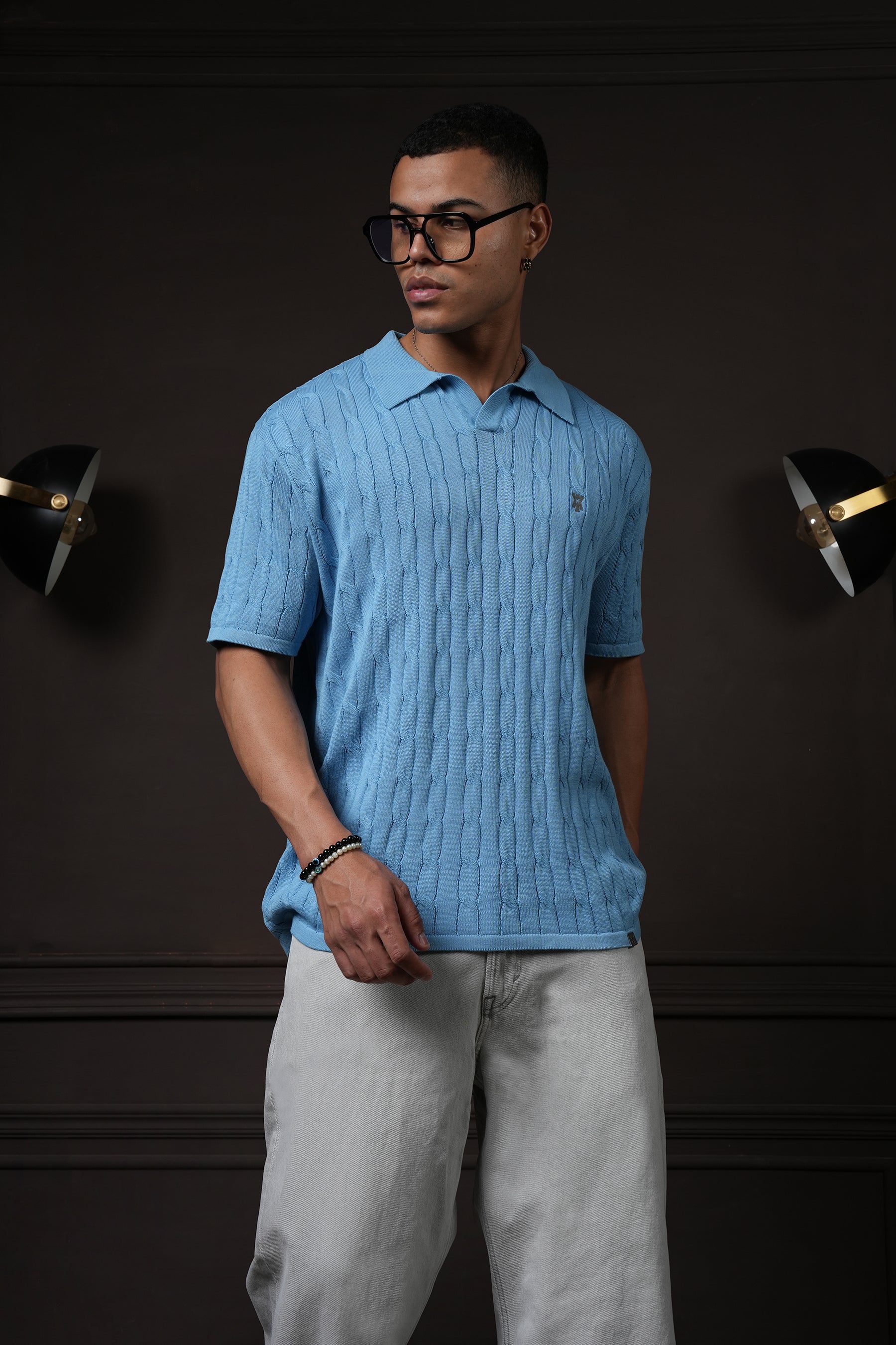 Pristine Cable Knit Polo - Cornflower Blue