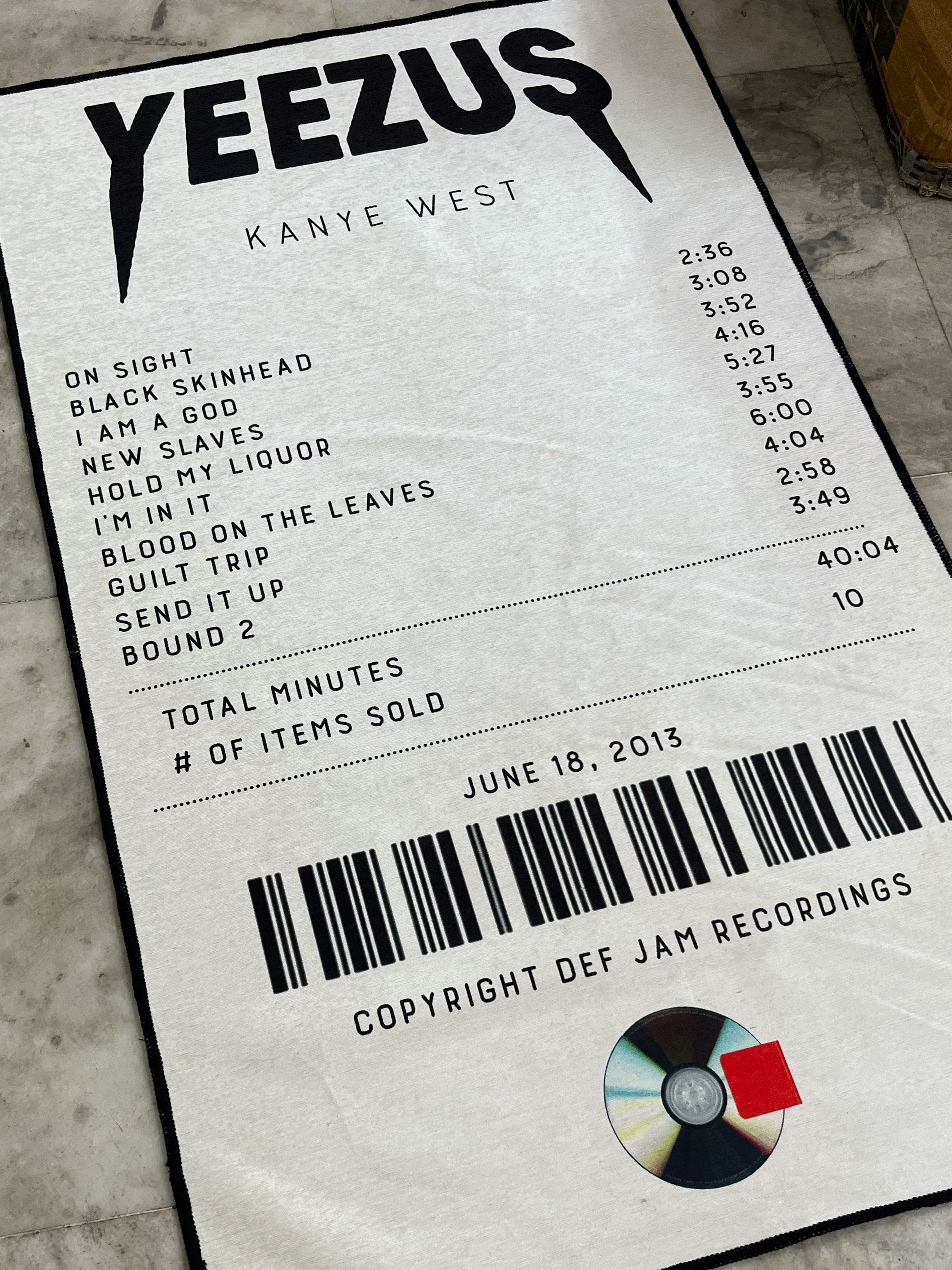Yeezus Kanye West Receipt Printed Custom Rug