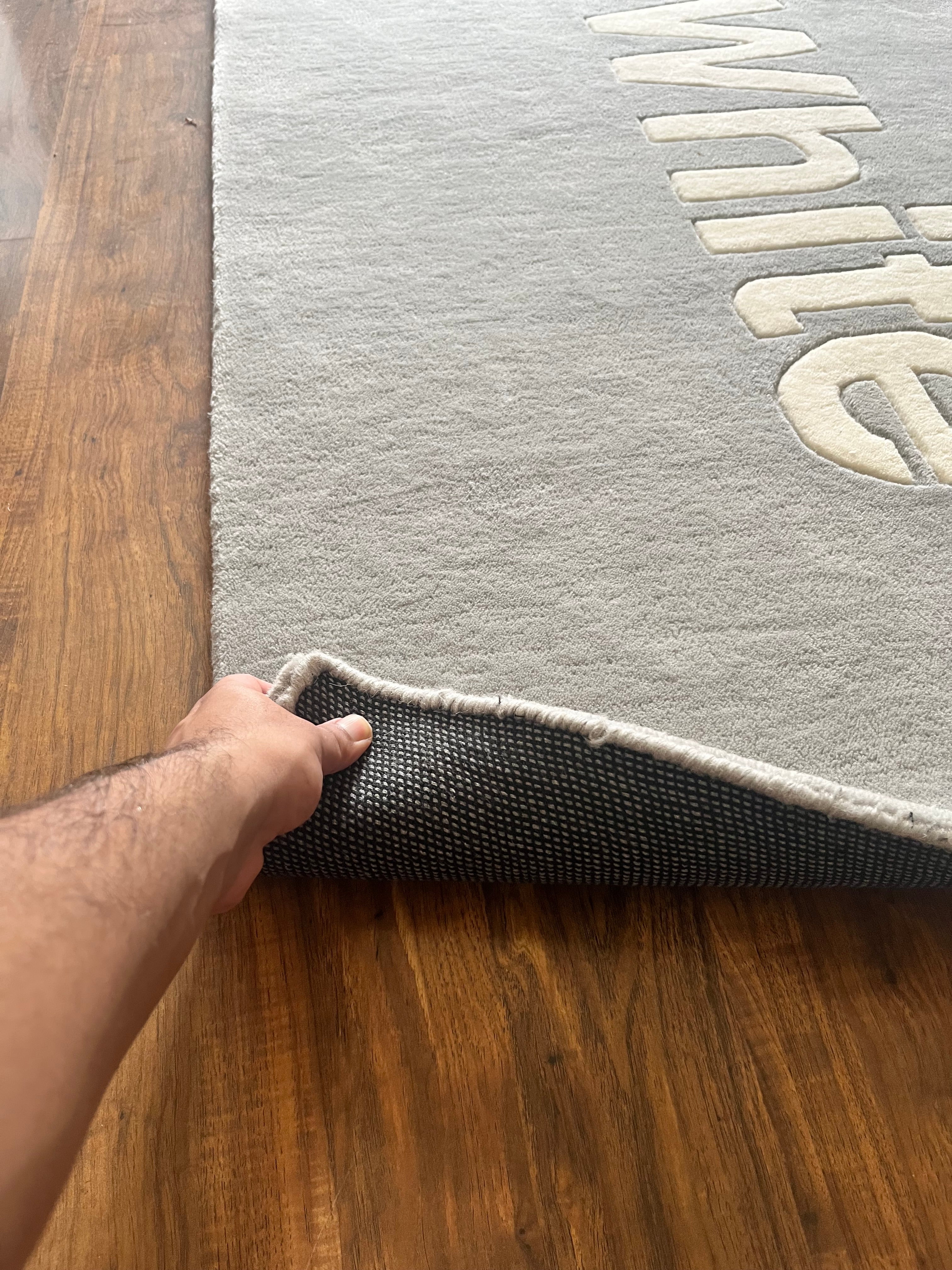 Off White text Grey Custom Rug