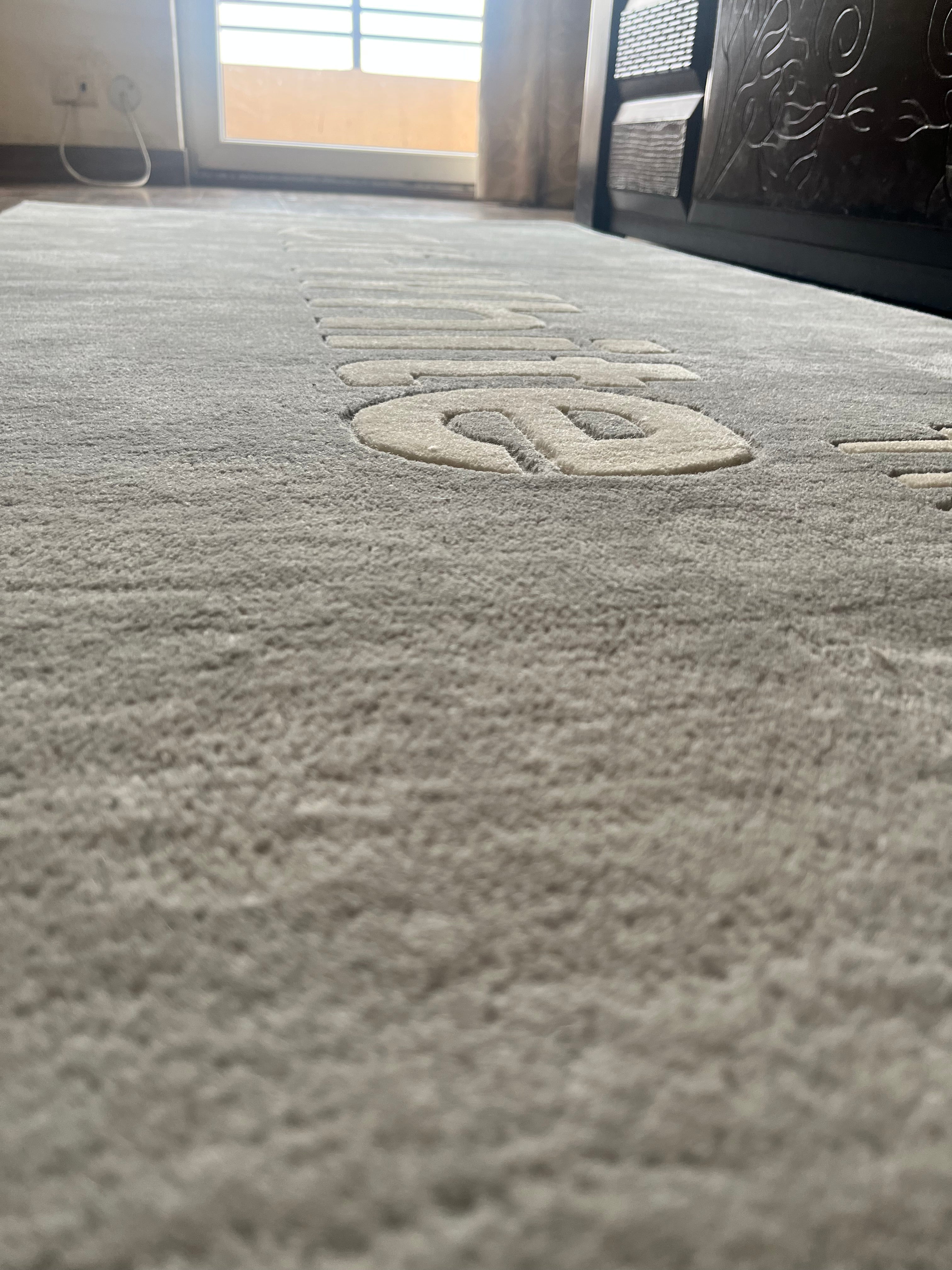 Off White text Grey Custom Rug